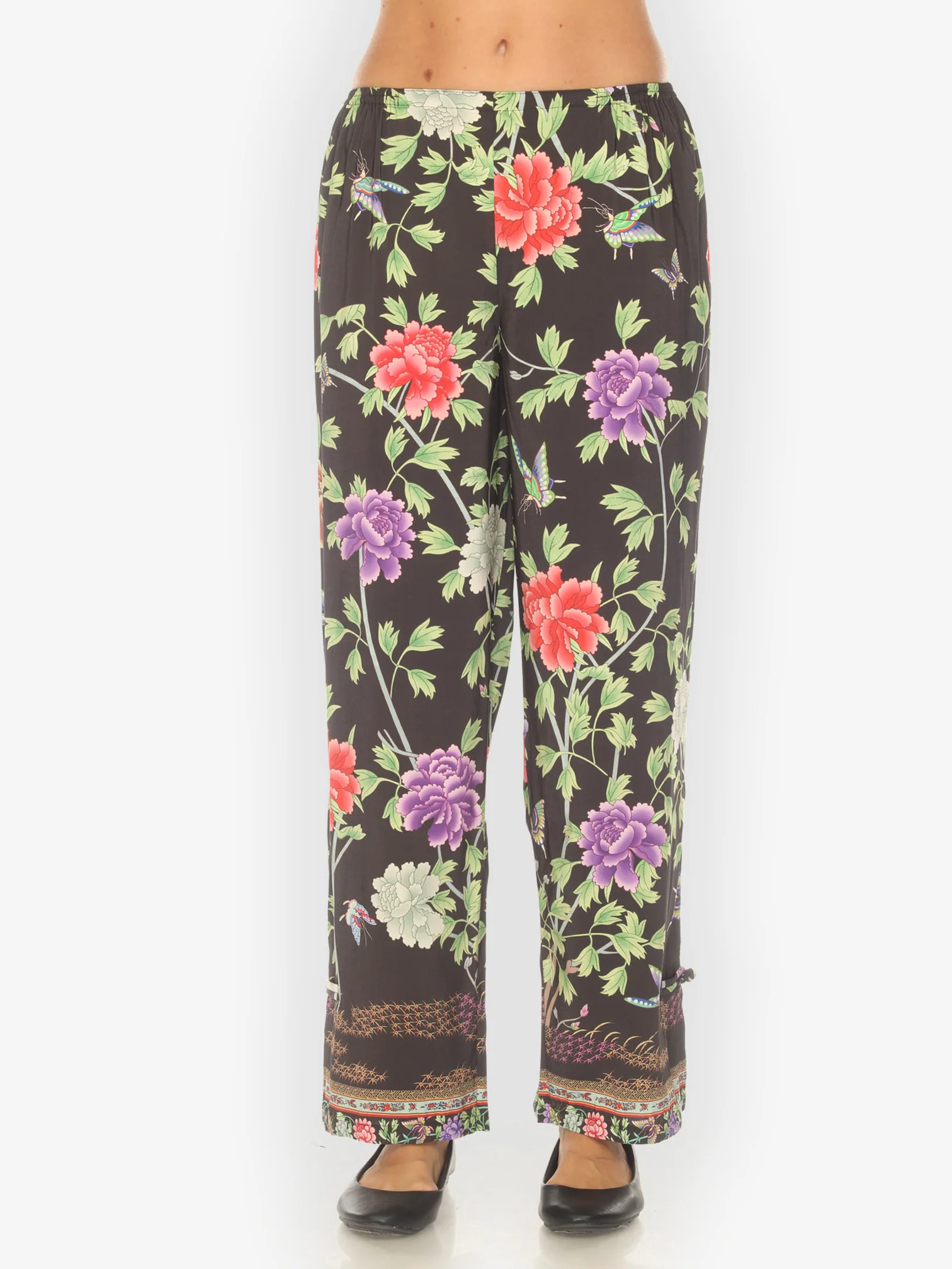 Border Floral Butterflies in Black Pull on Pant