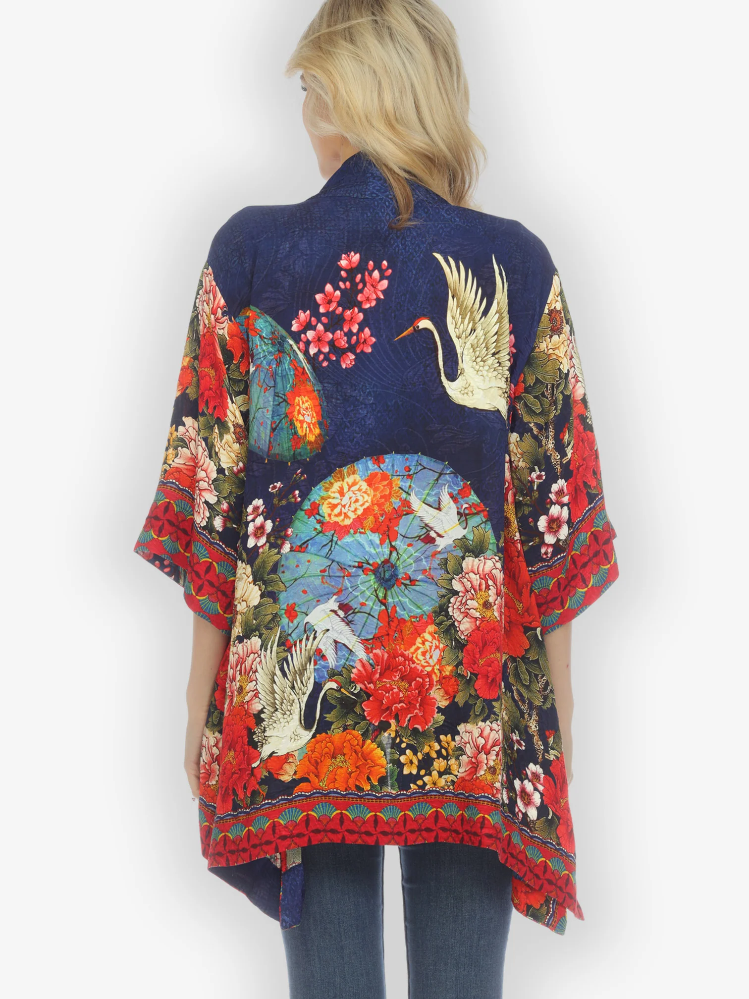 Crane Paradise Fans Blue Silk Kimono Top
