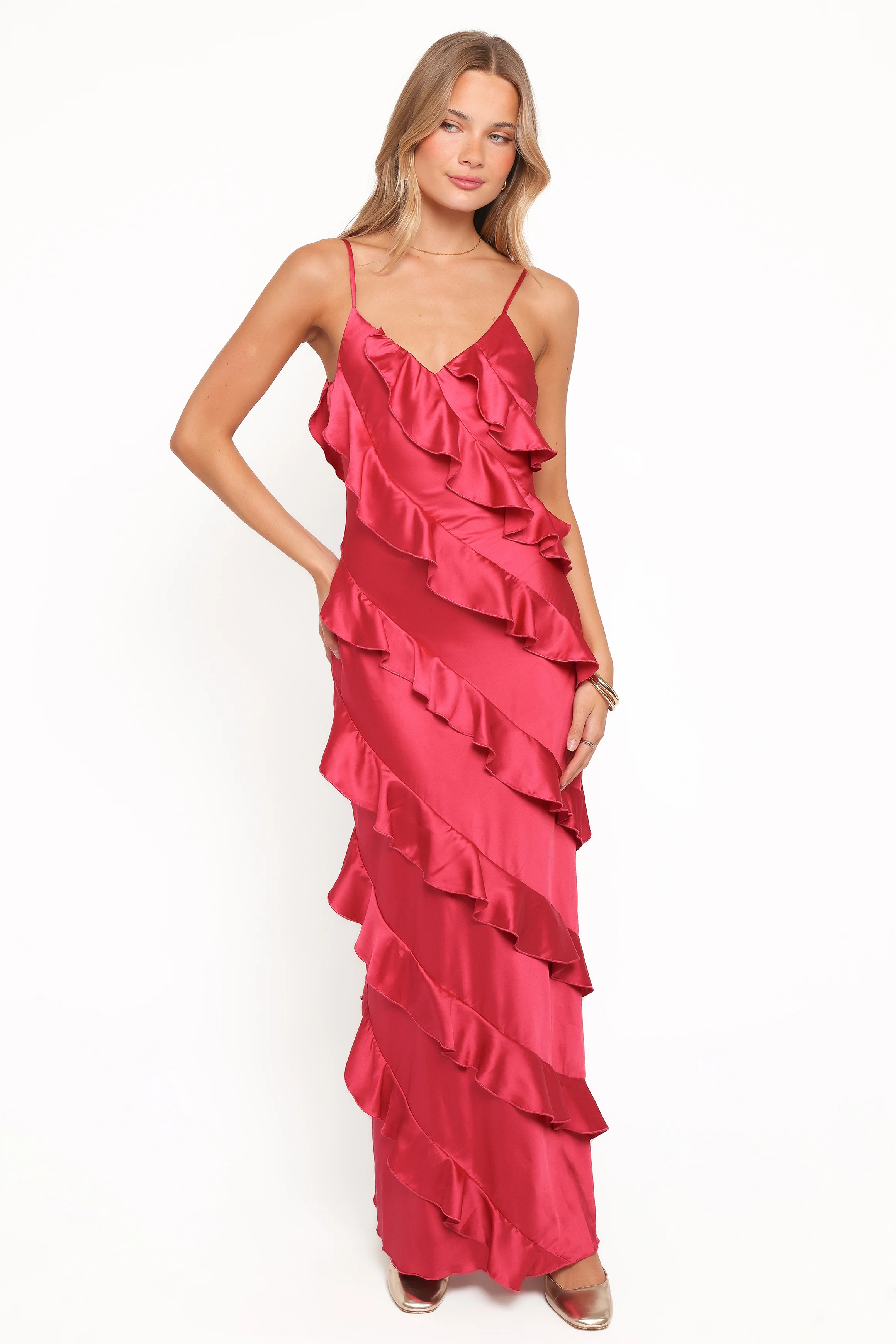 Ciao Ruffles Maxi Satin Dress - Fuchsia