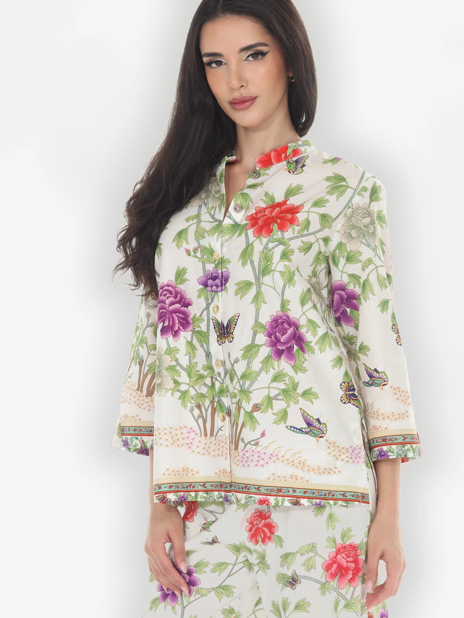 Border Floral Butterflies in White Cotton Blouse