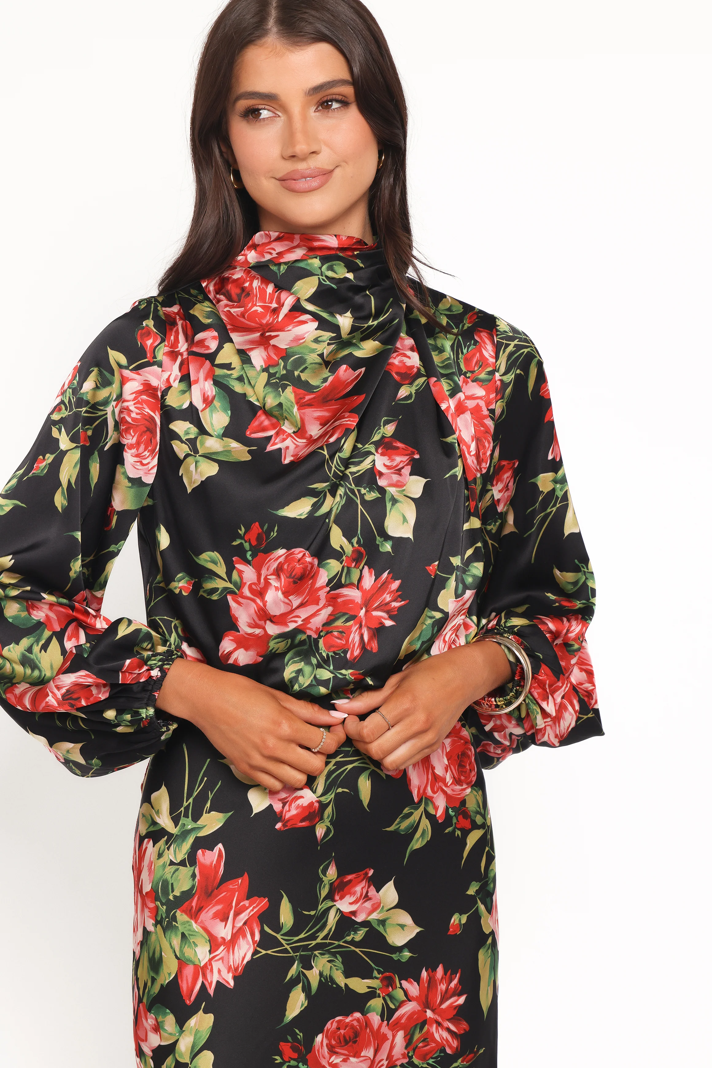 Perrie Long Sleeve Midi Dress - Black Floral