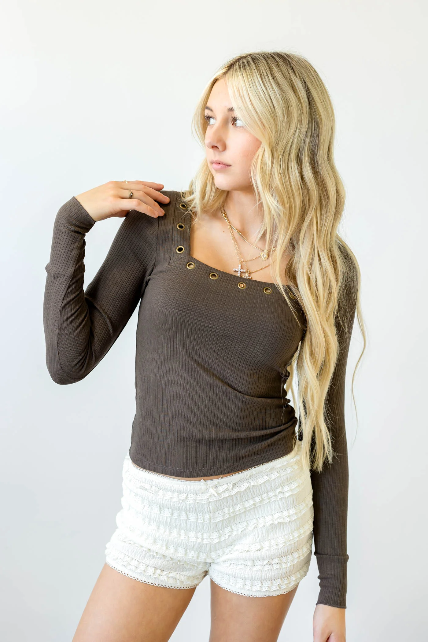 Grommet Long Sleeve Top