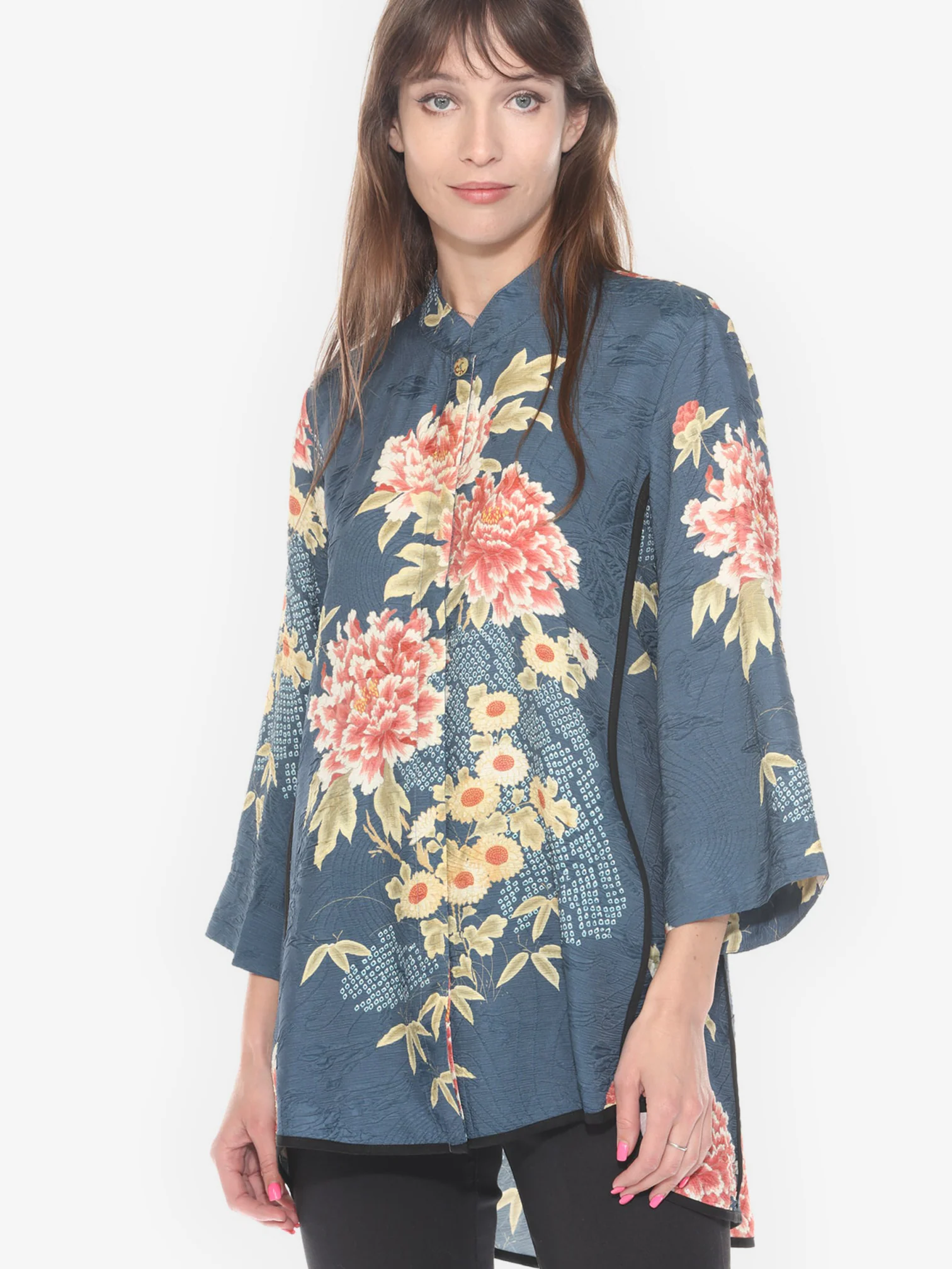 Indigo Shibori Flowers Tummy Tuck Shirt