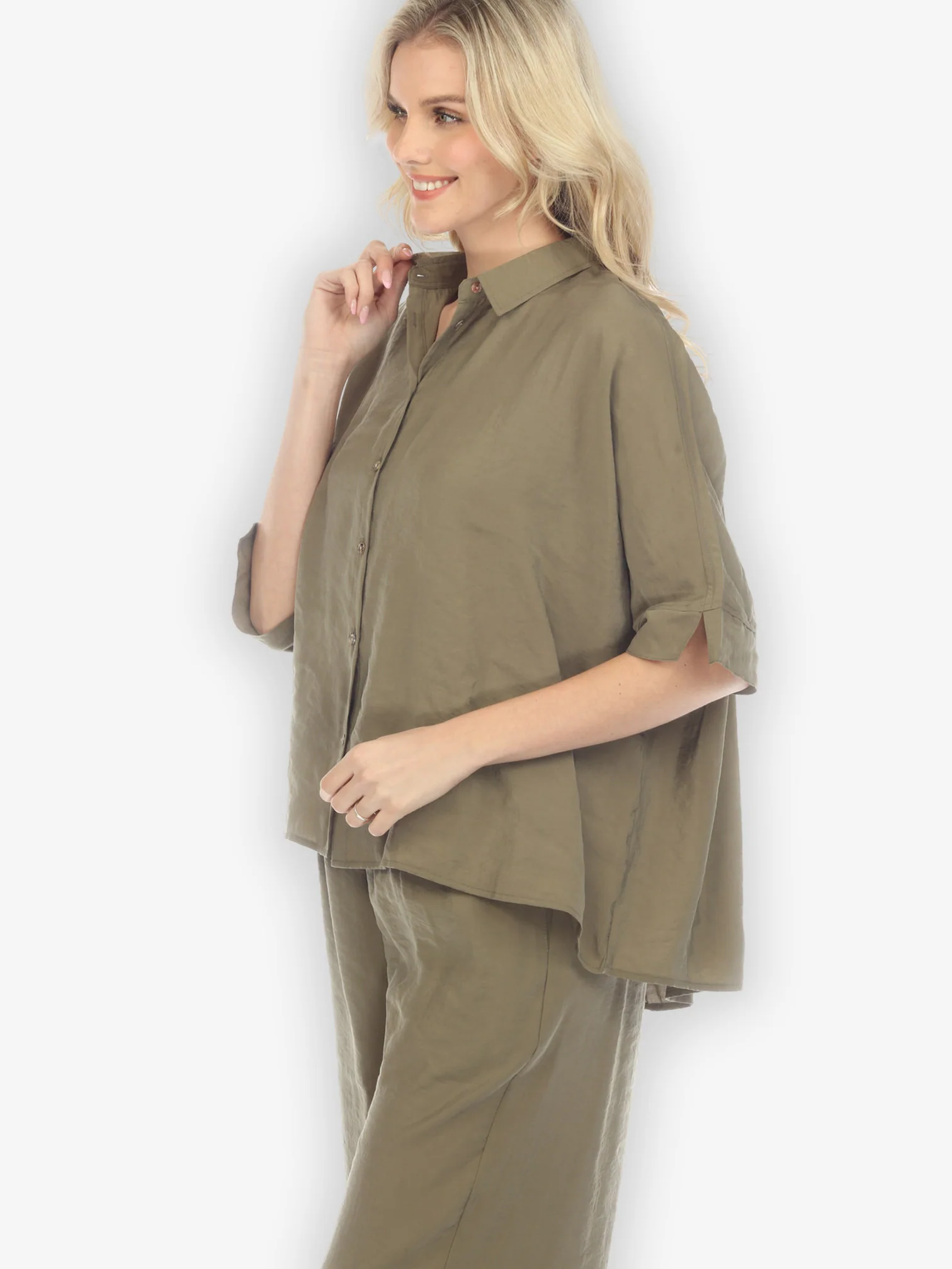 Solid Khaki Rayon Oversized Blouse