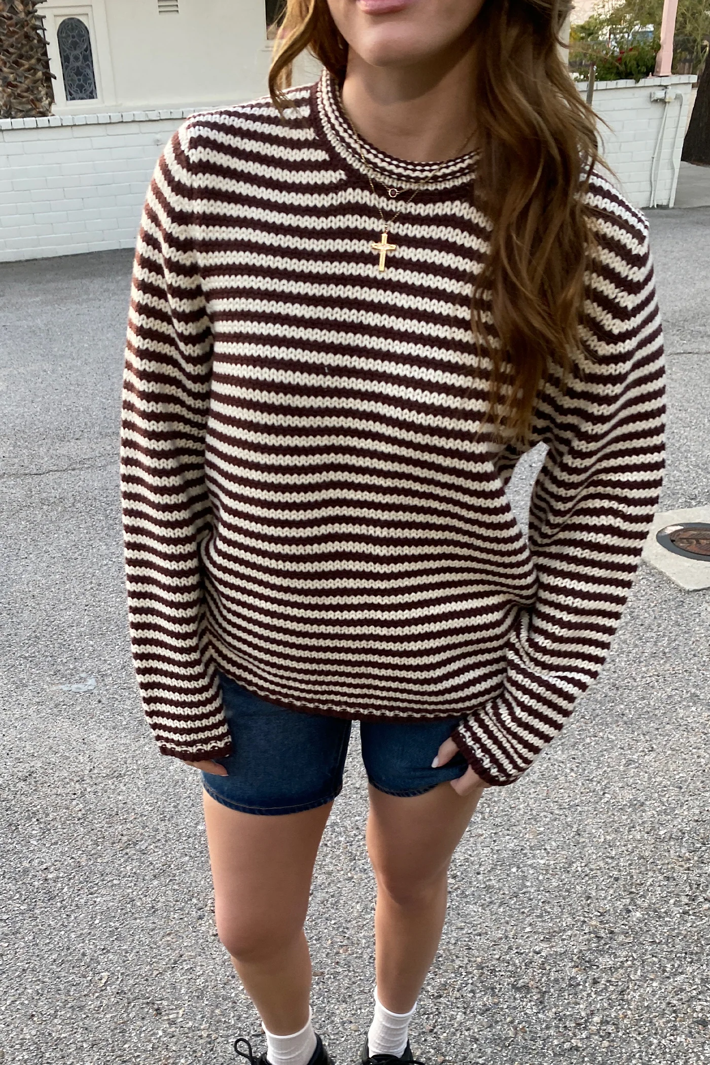 Oversized Crochet Striped Sweater