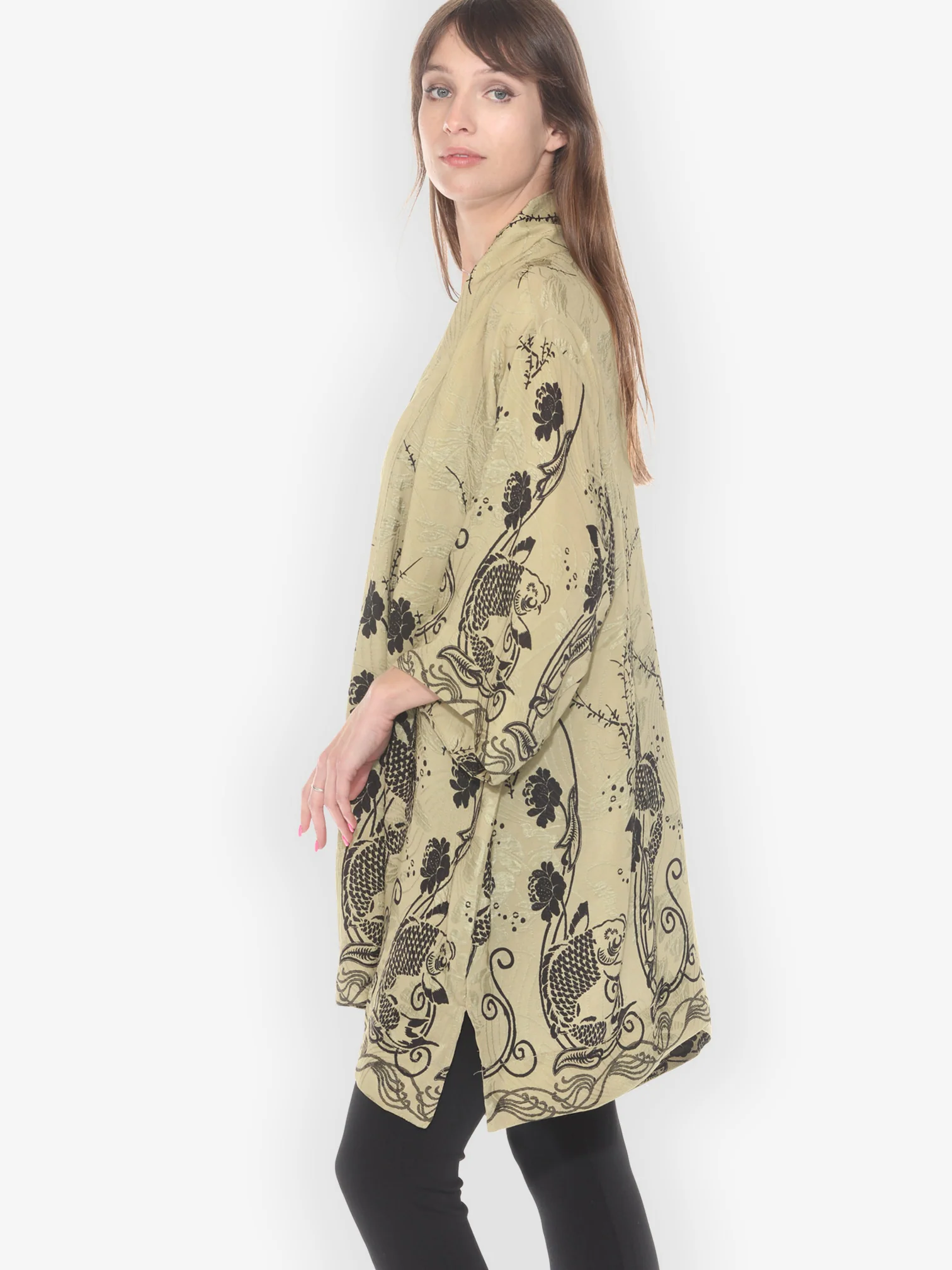 Graceful Fish Flowers in Khaki Kimono Jacket