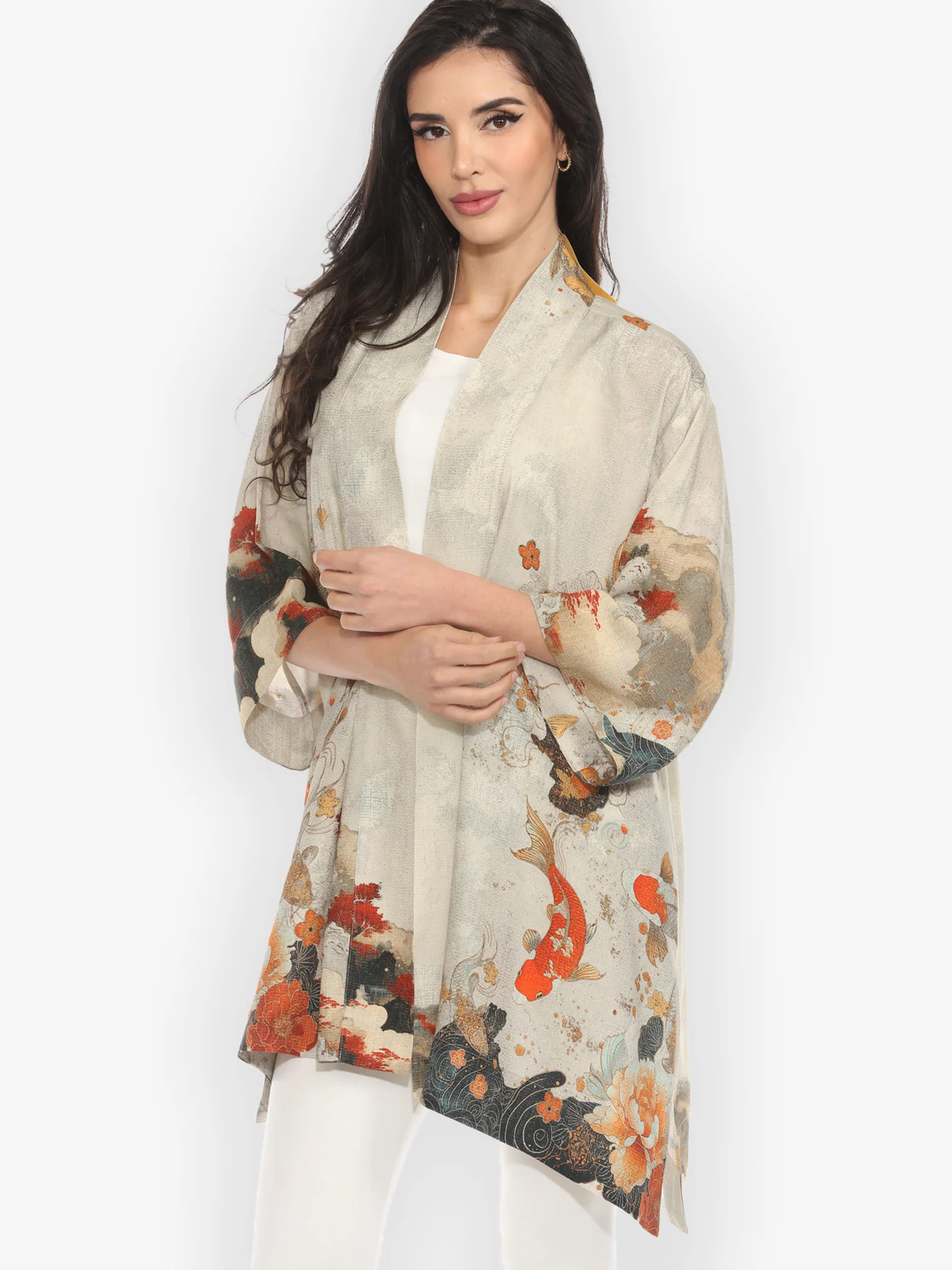 Noble Koi Fish in Cream Silk Kimono Jacket