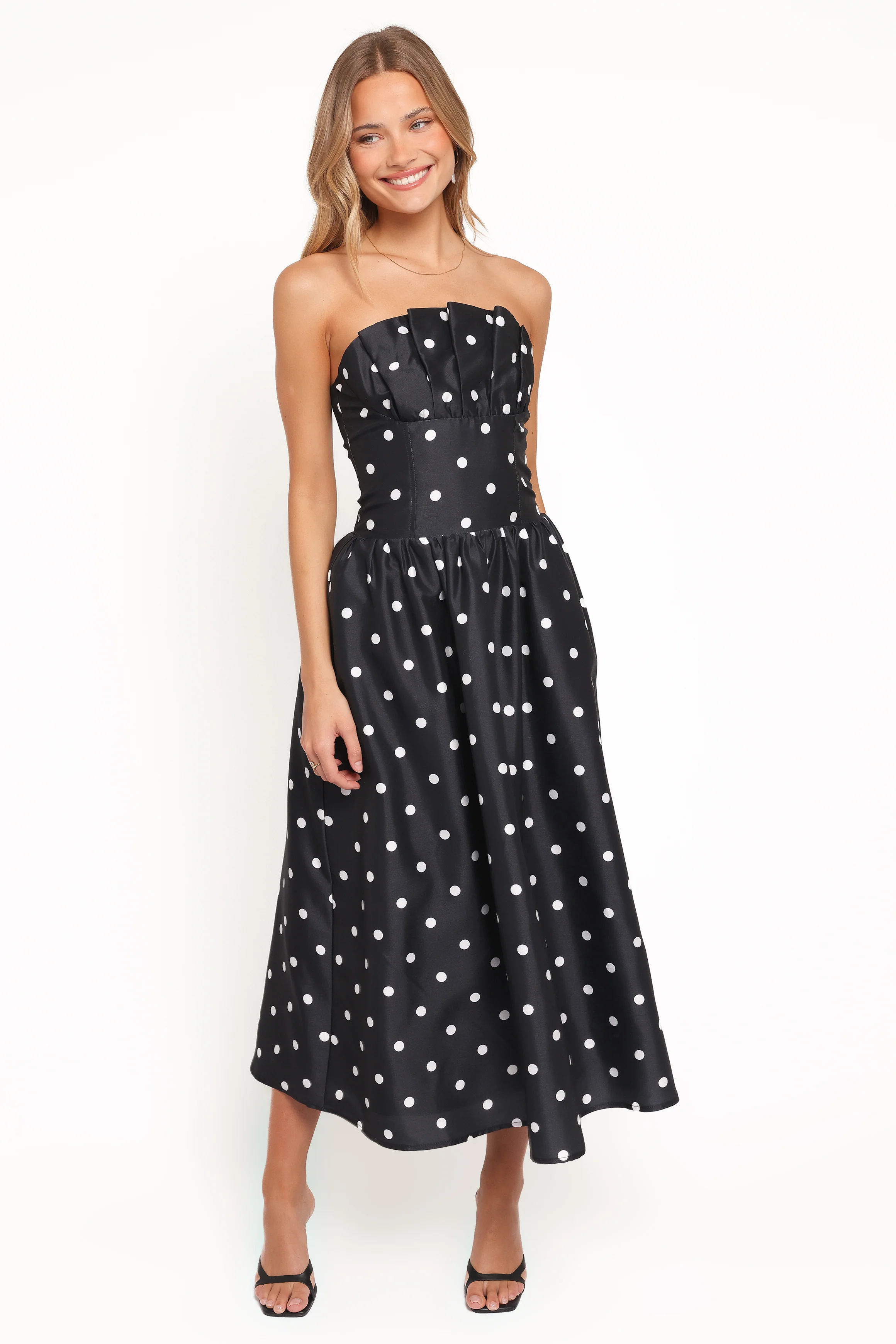 Kimbra Strapless Midi Dress - Black Polka Dot