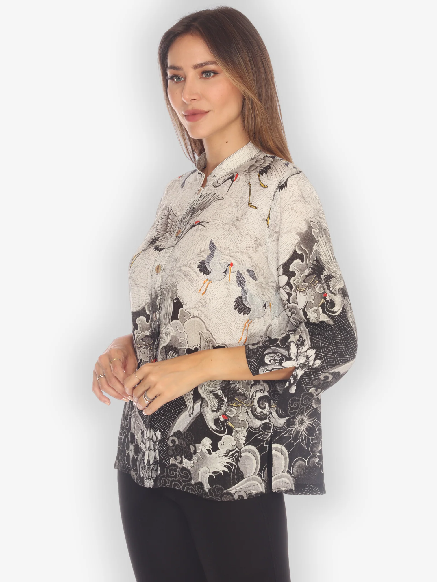 Black White Crane Wave Silk Blend Blouse