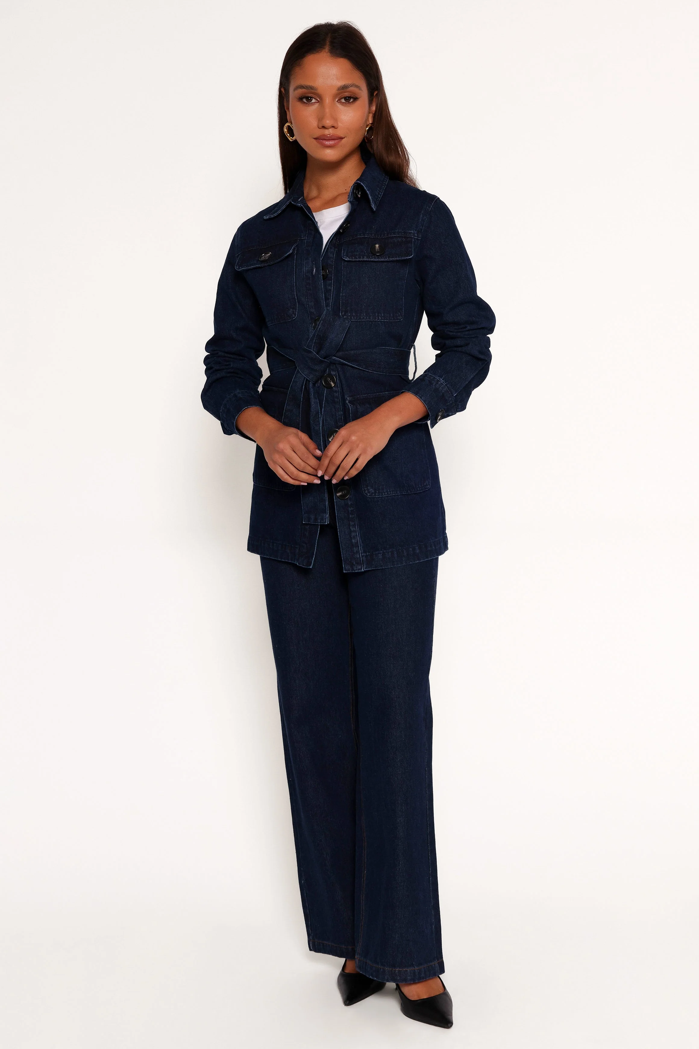Nadine Tie Waist Button Front Jacket - Denim
