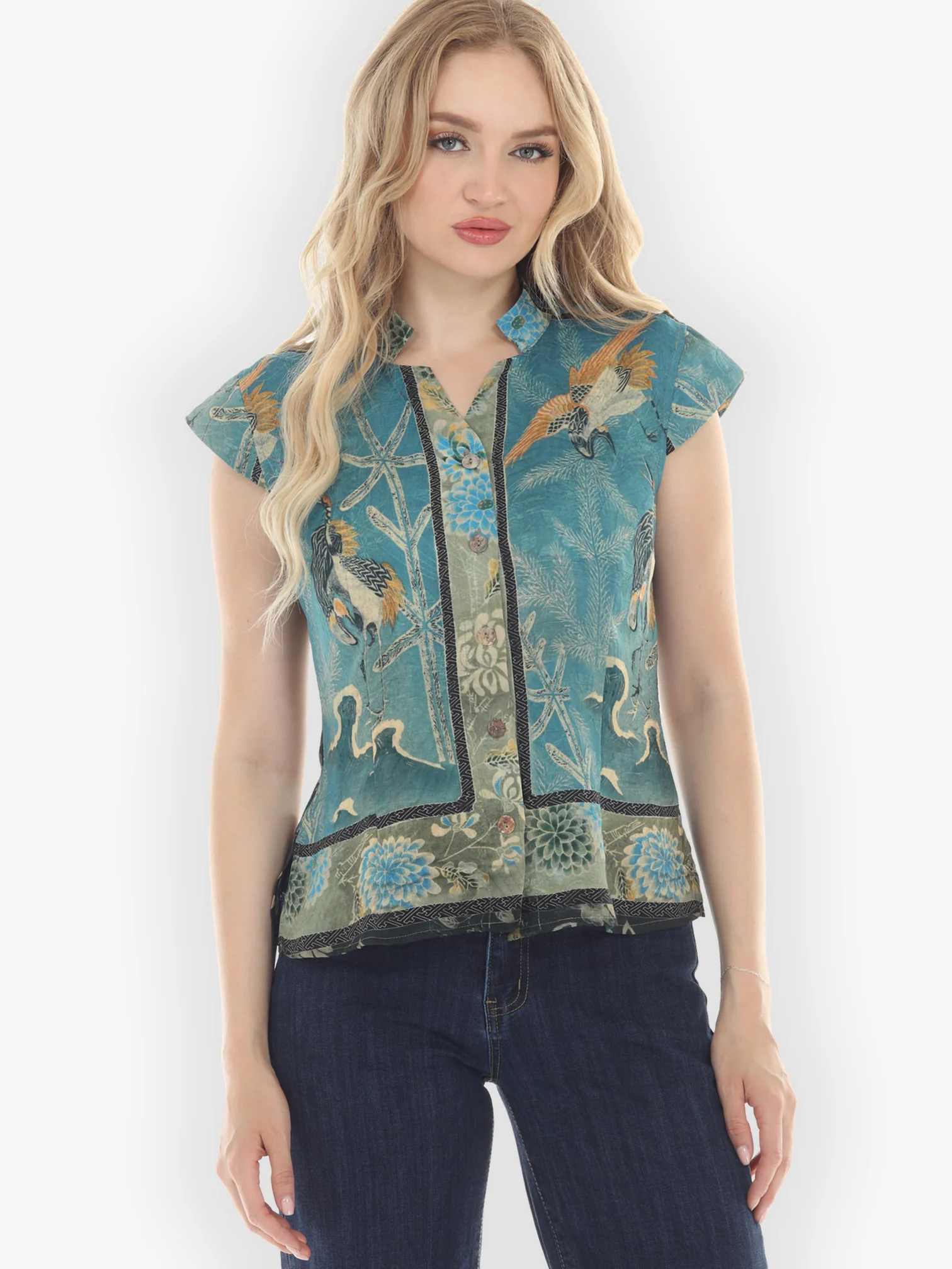 Crane Bamboo Floral Engineered Cap Sleeve Silk Blouse