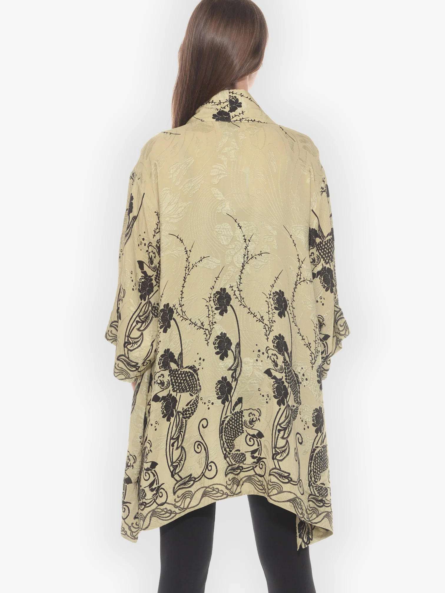 Graceful Fish Flowers in Khaki Kimono Jacket