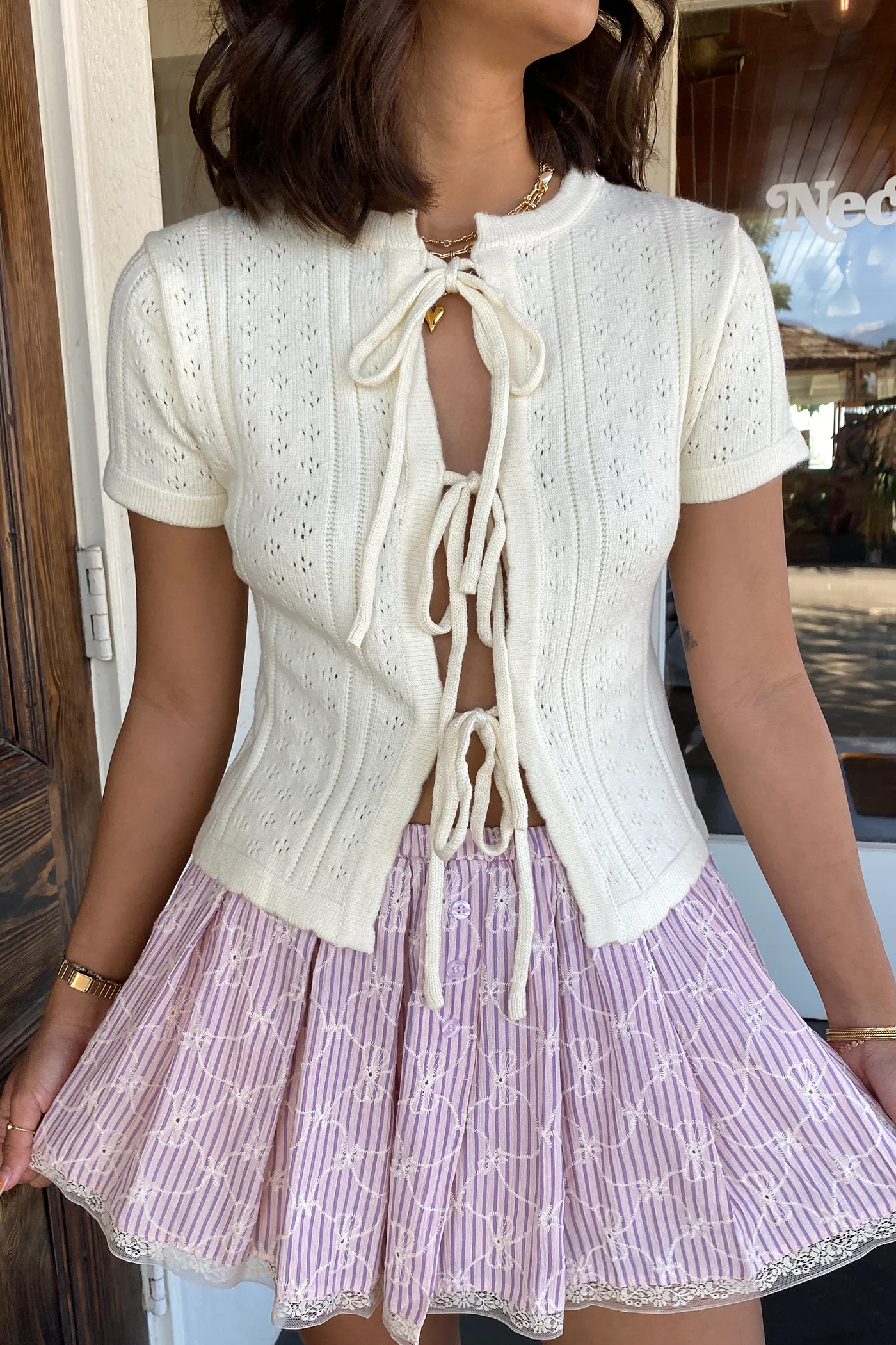 Split Front Pointelle Knit Top