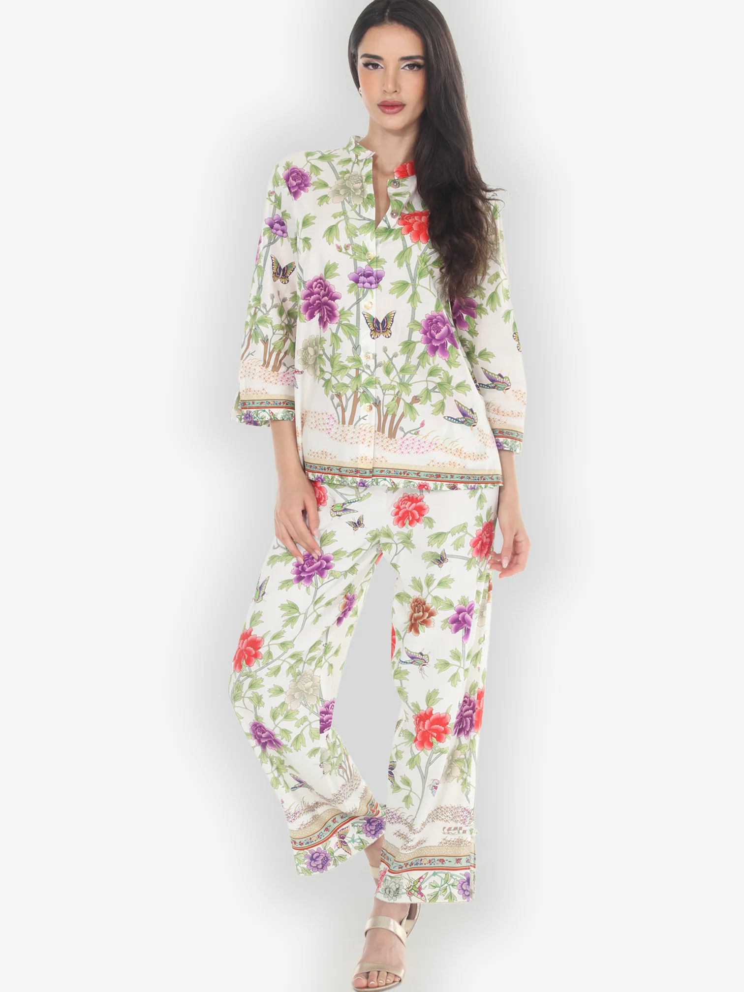 Border Floral Butterflies in White Pull on Pant