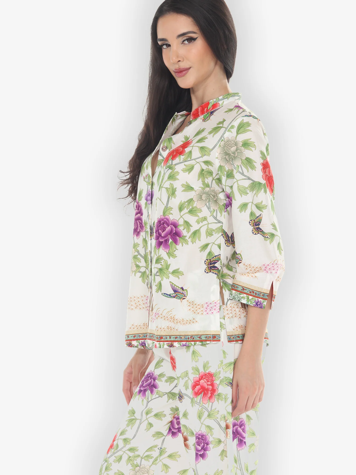 Border Floral Butterflies in White Cotton Blouse