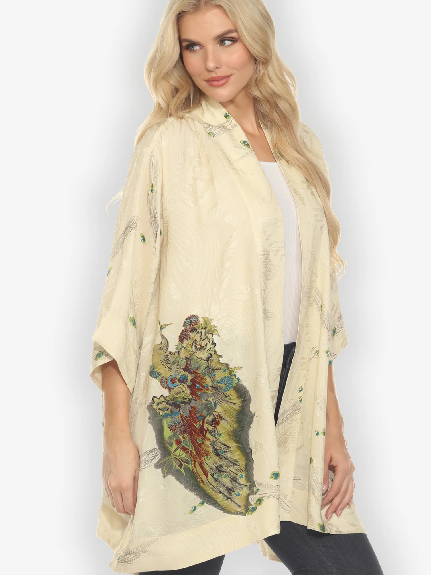 Peacock Floral White Silk Kimono Jacket