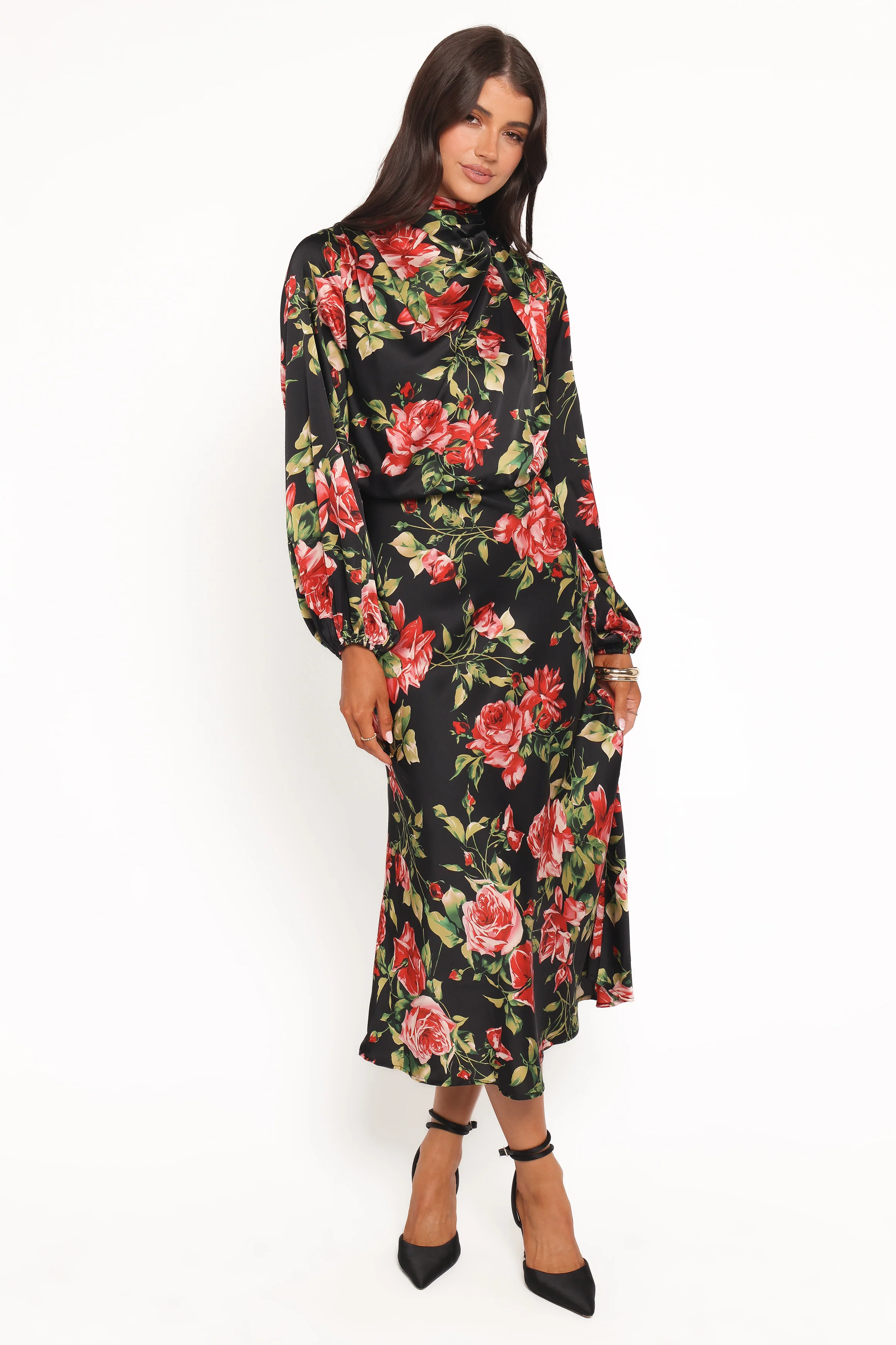 Perrie Long Sleeve Midi Dress - Black Floral