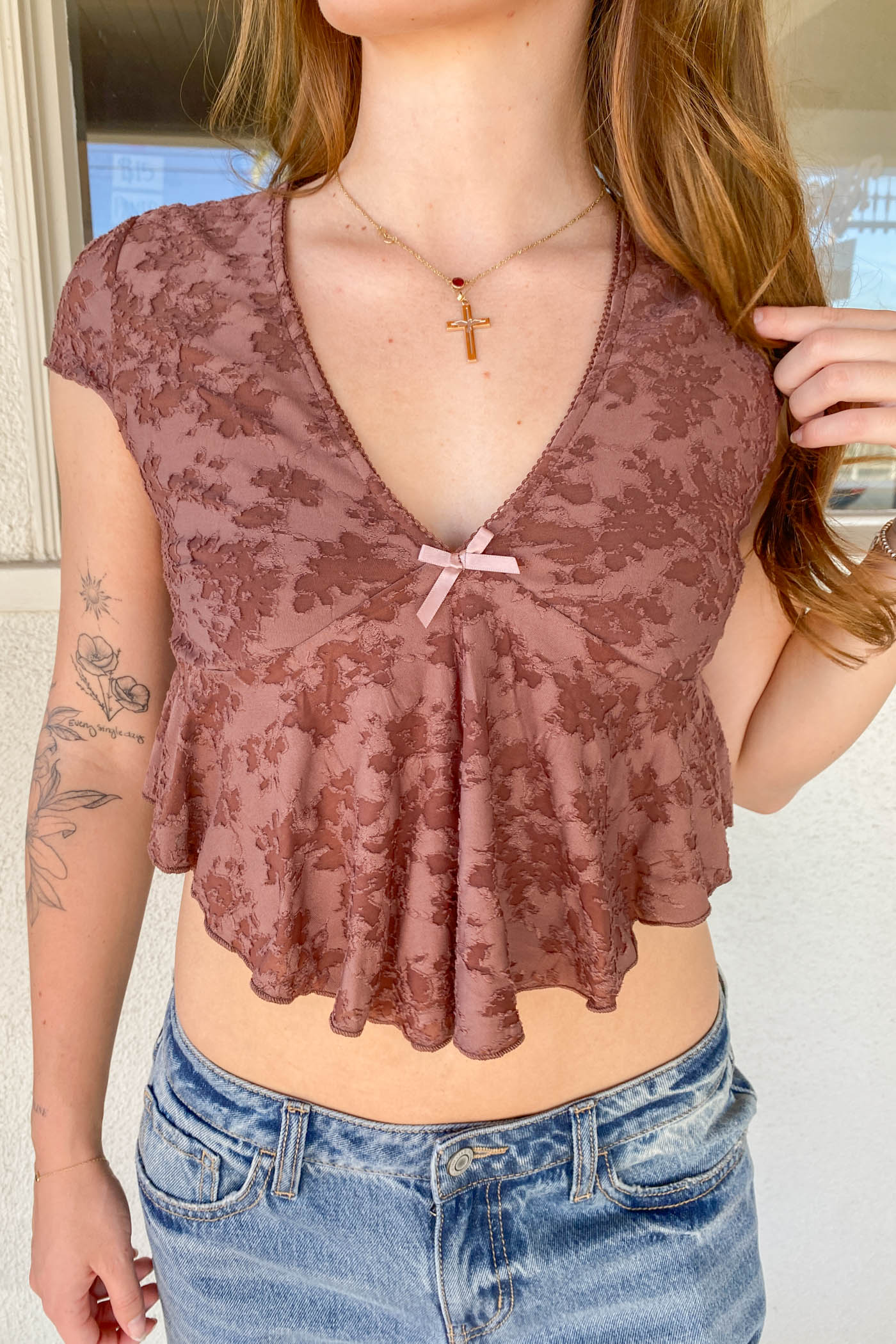 Textured Floral Cap Sleeve Top