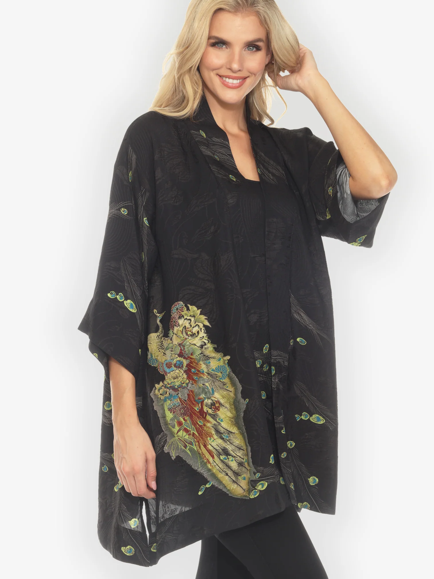 Peacock Floral Black Silk Kimono Jacket