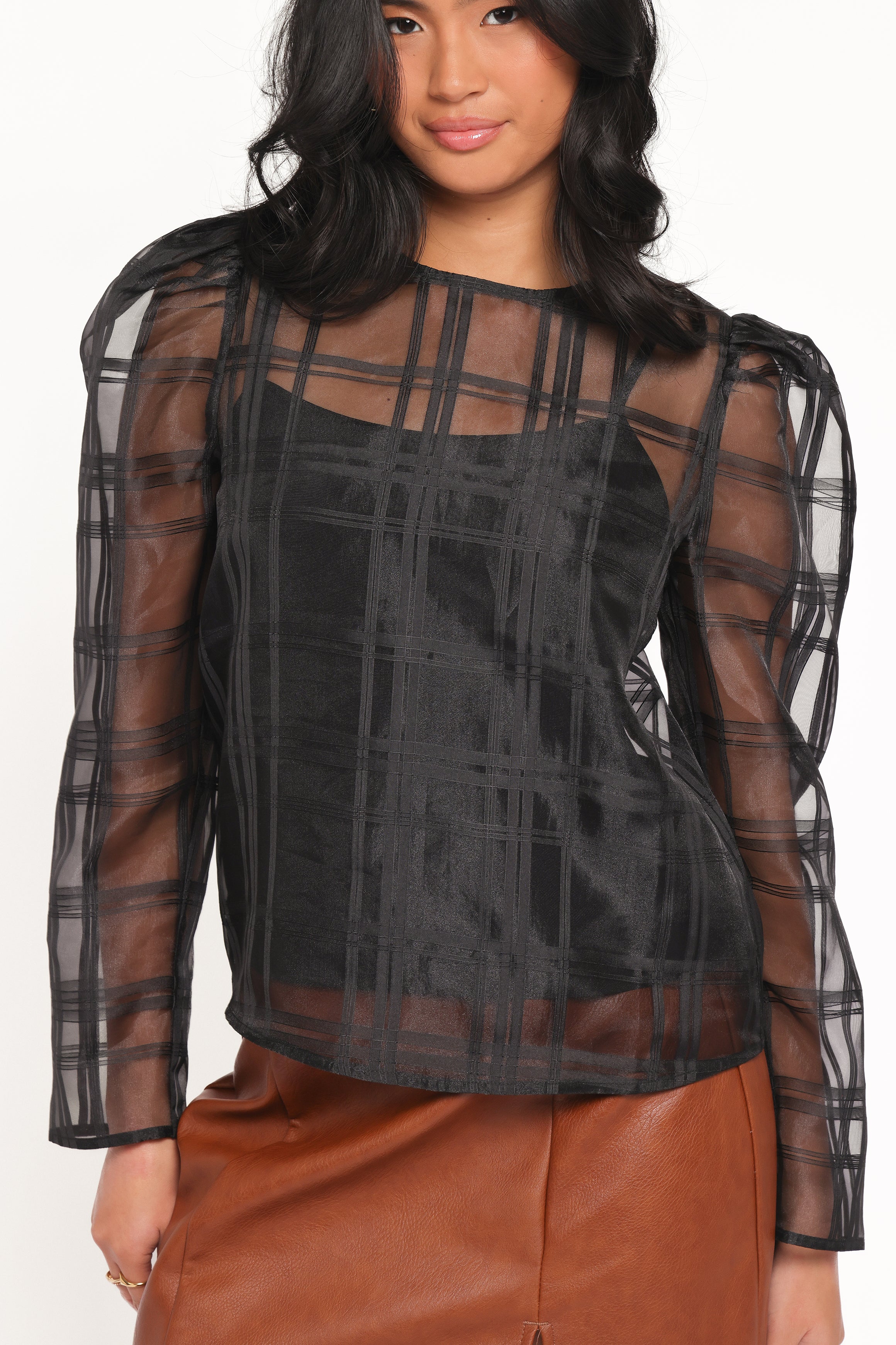 Peony Long Sleeve Sheer Top with Cami - Black