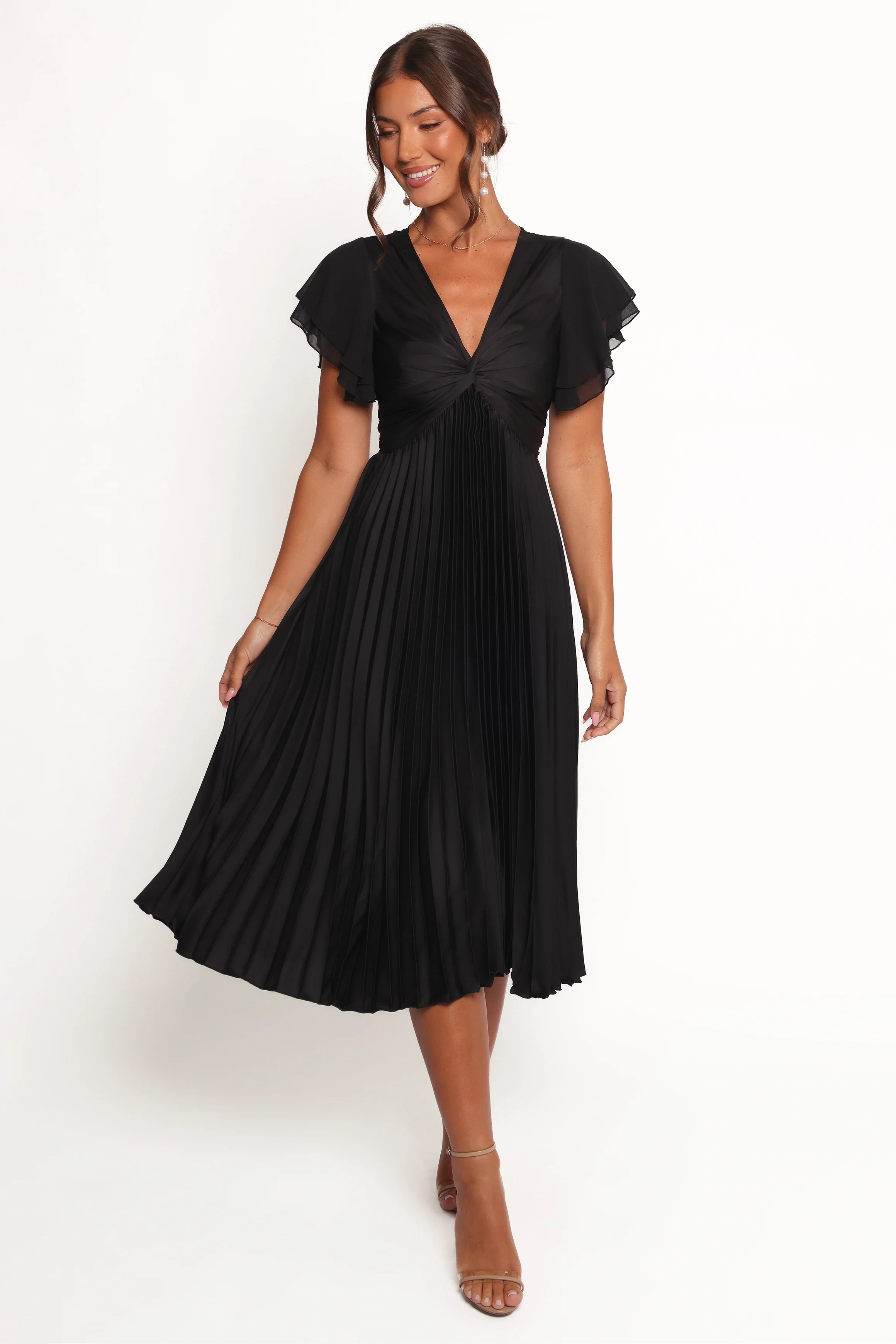 Nova Flutter Sleeve Midi Dress - Black