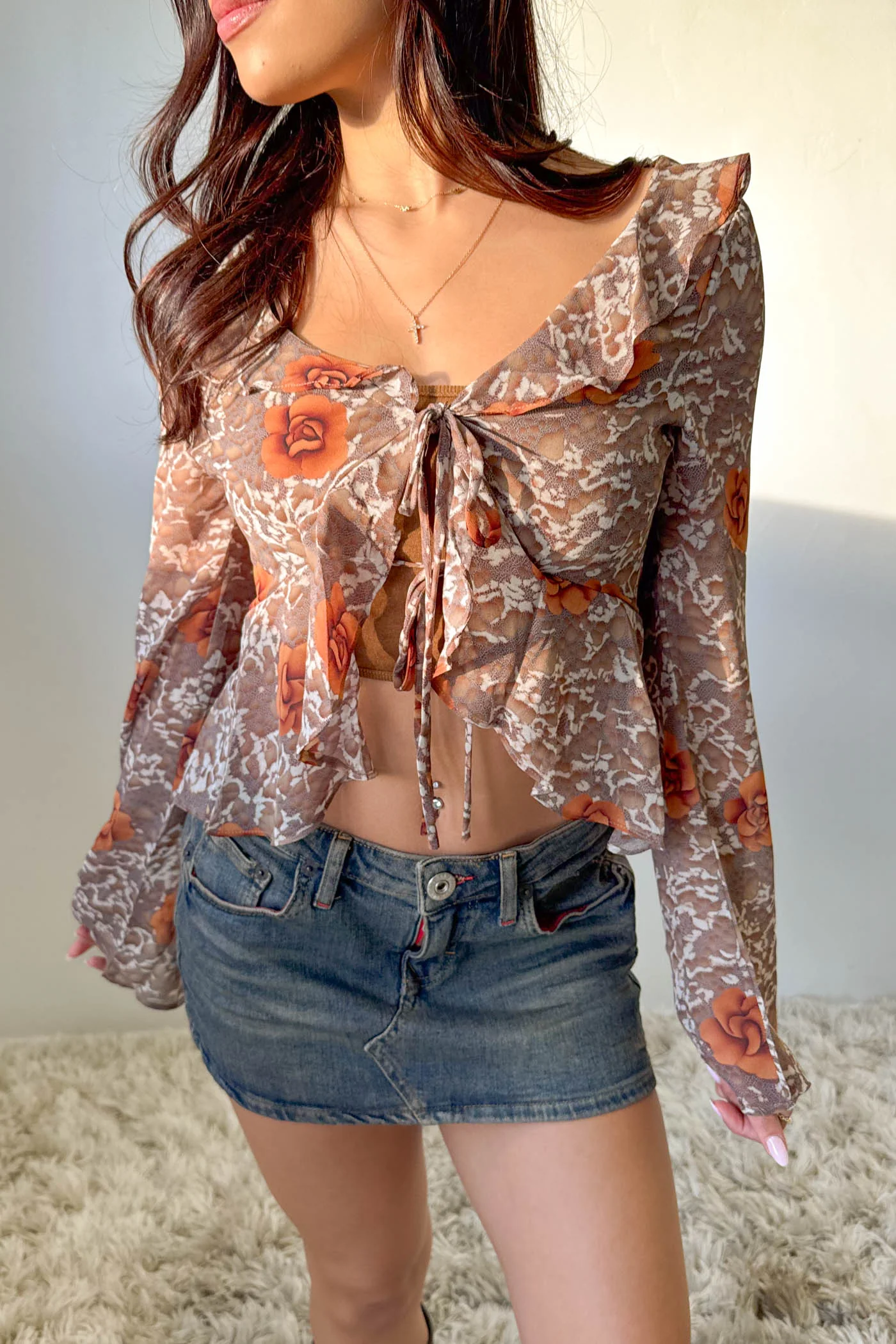 Sheer Ruffled Front Tie Top