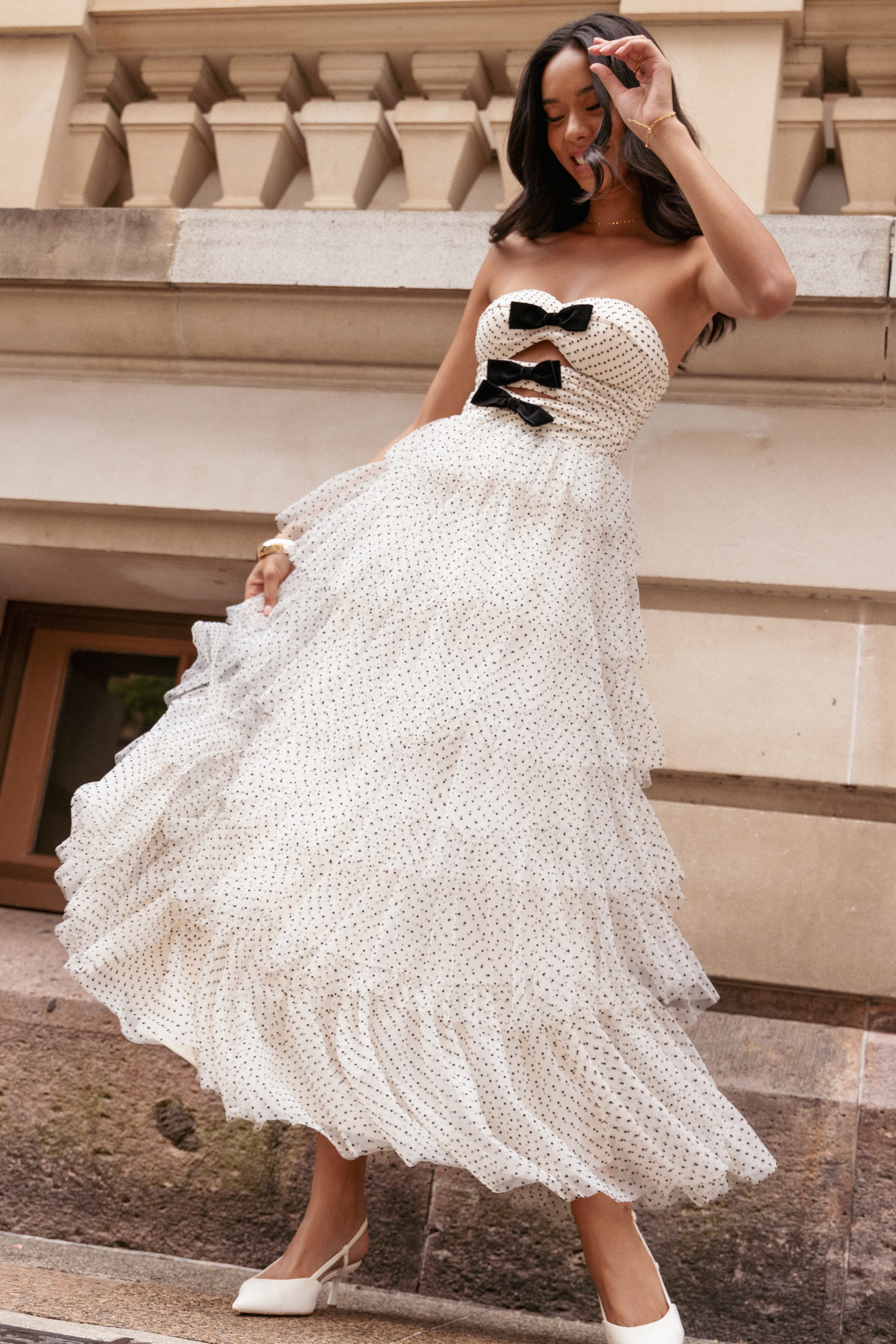 Kelari Strapless Midi Dress - Cream Polka Dot