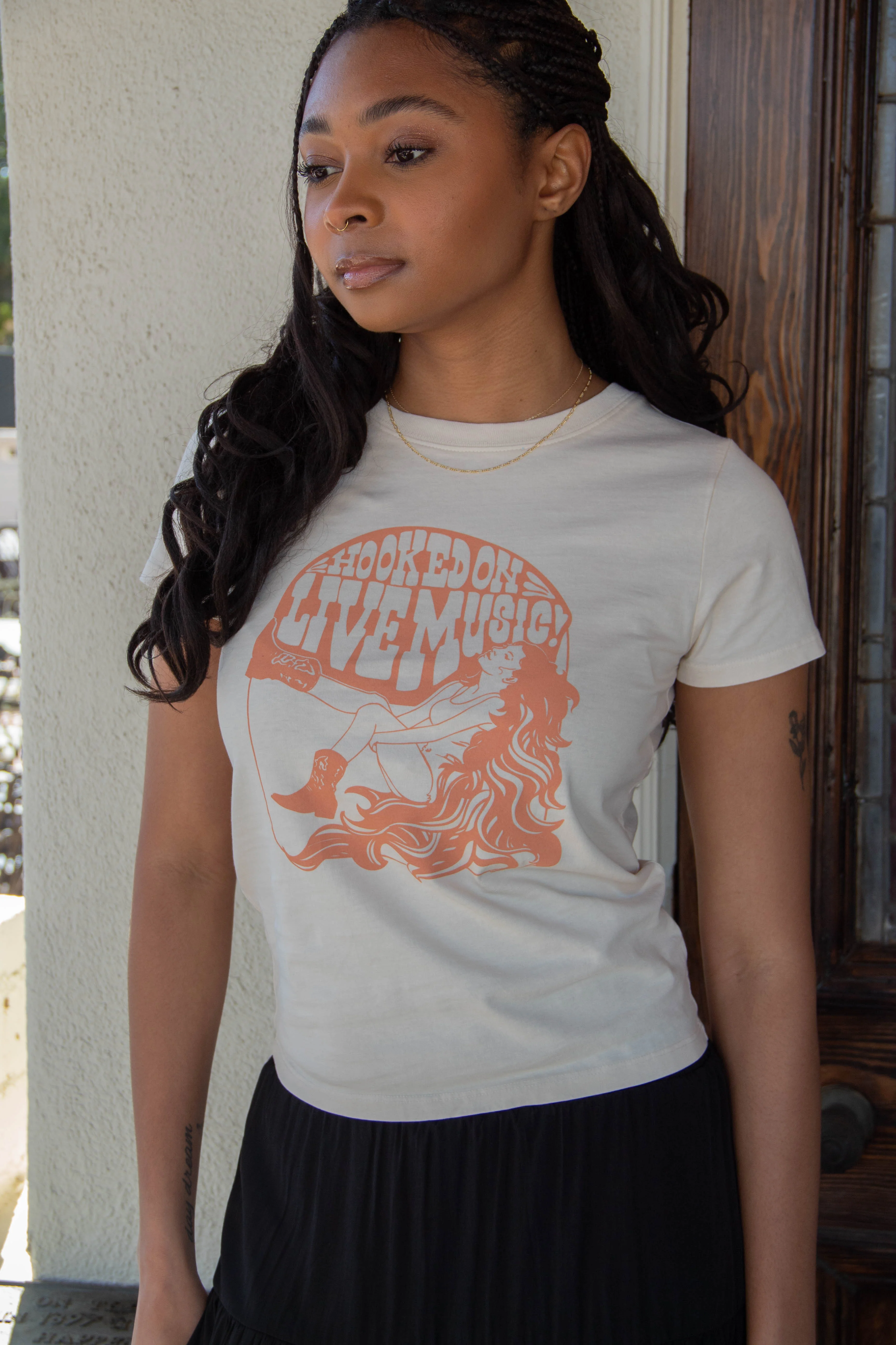 Hooked On Live Music Long Loose Graphic Baby Tee