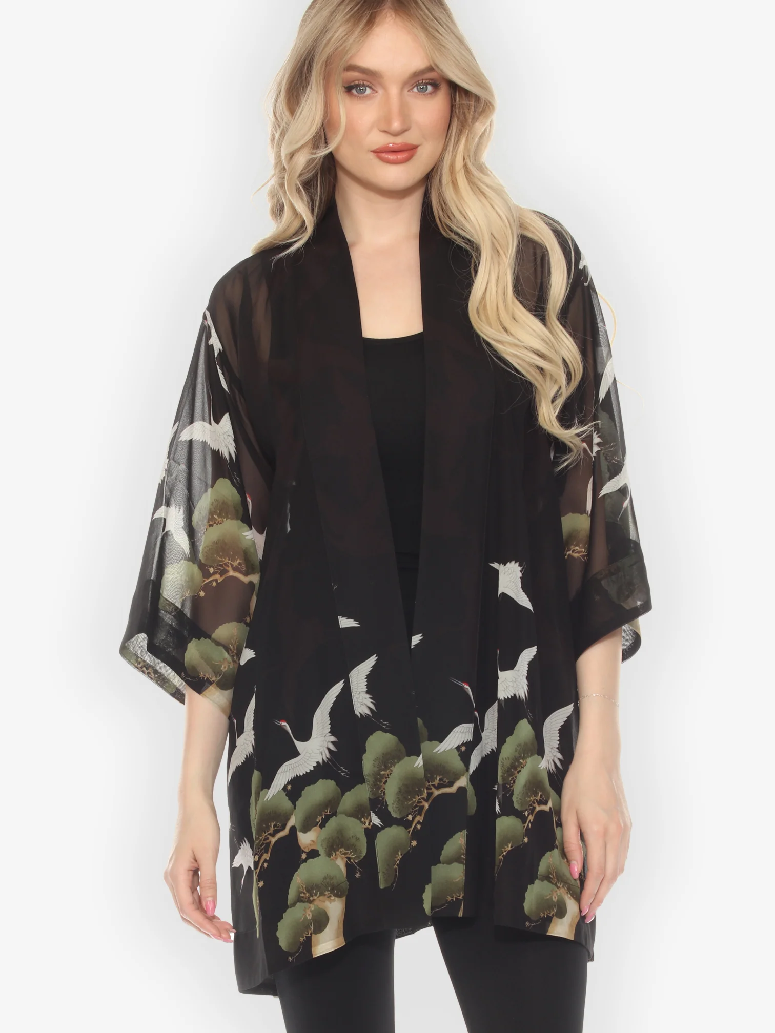 Crane Over Forest Silk Kimono Jacket
