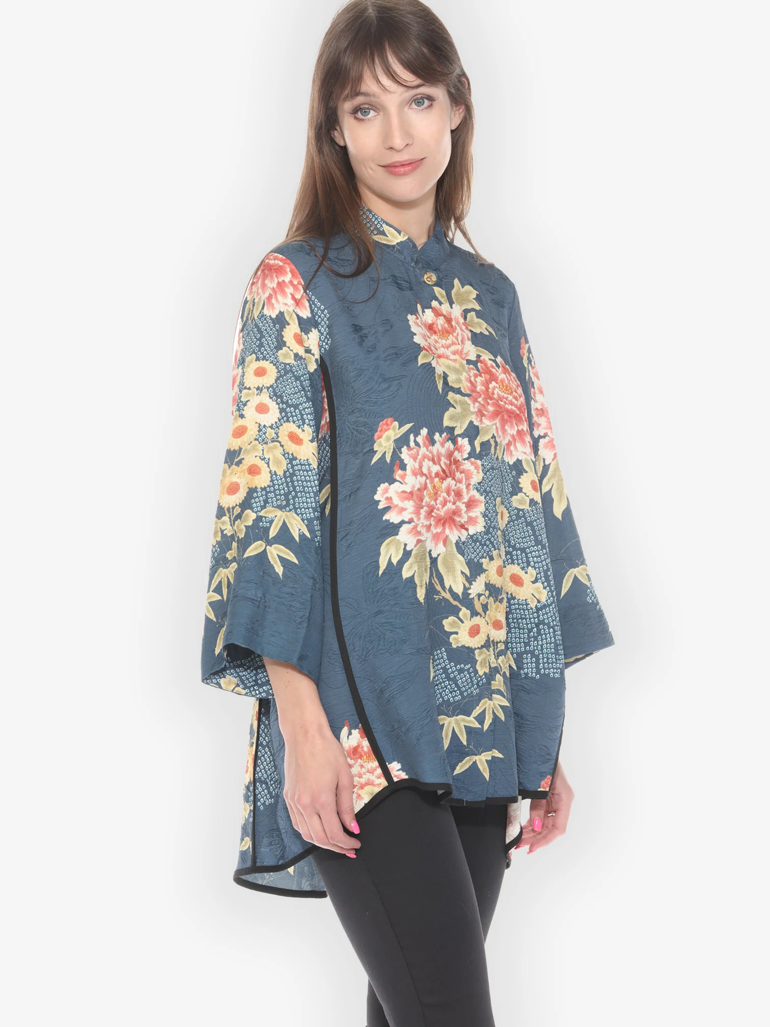 Indigo Shibori Flowers Tummy Tuck Shirt