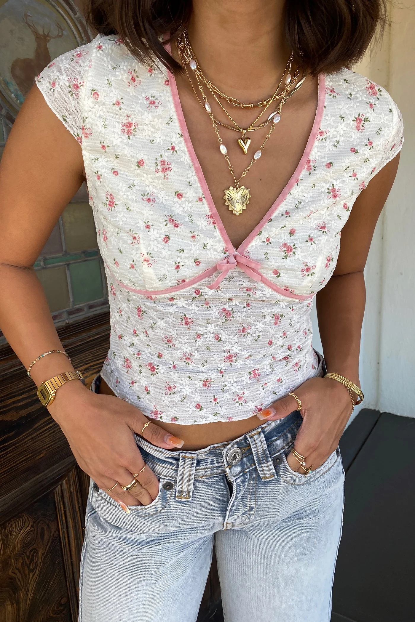 Short Sleeve Stretch Lace Top