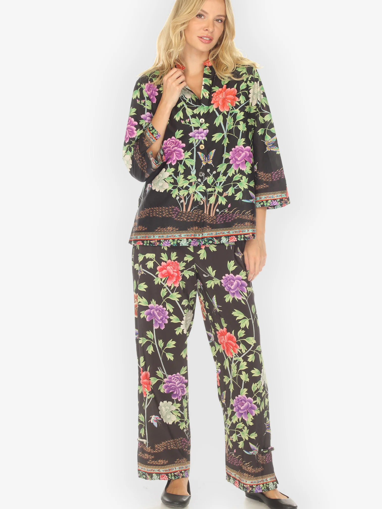Border Floral Butterflies in Black Pull on Pant