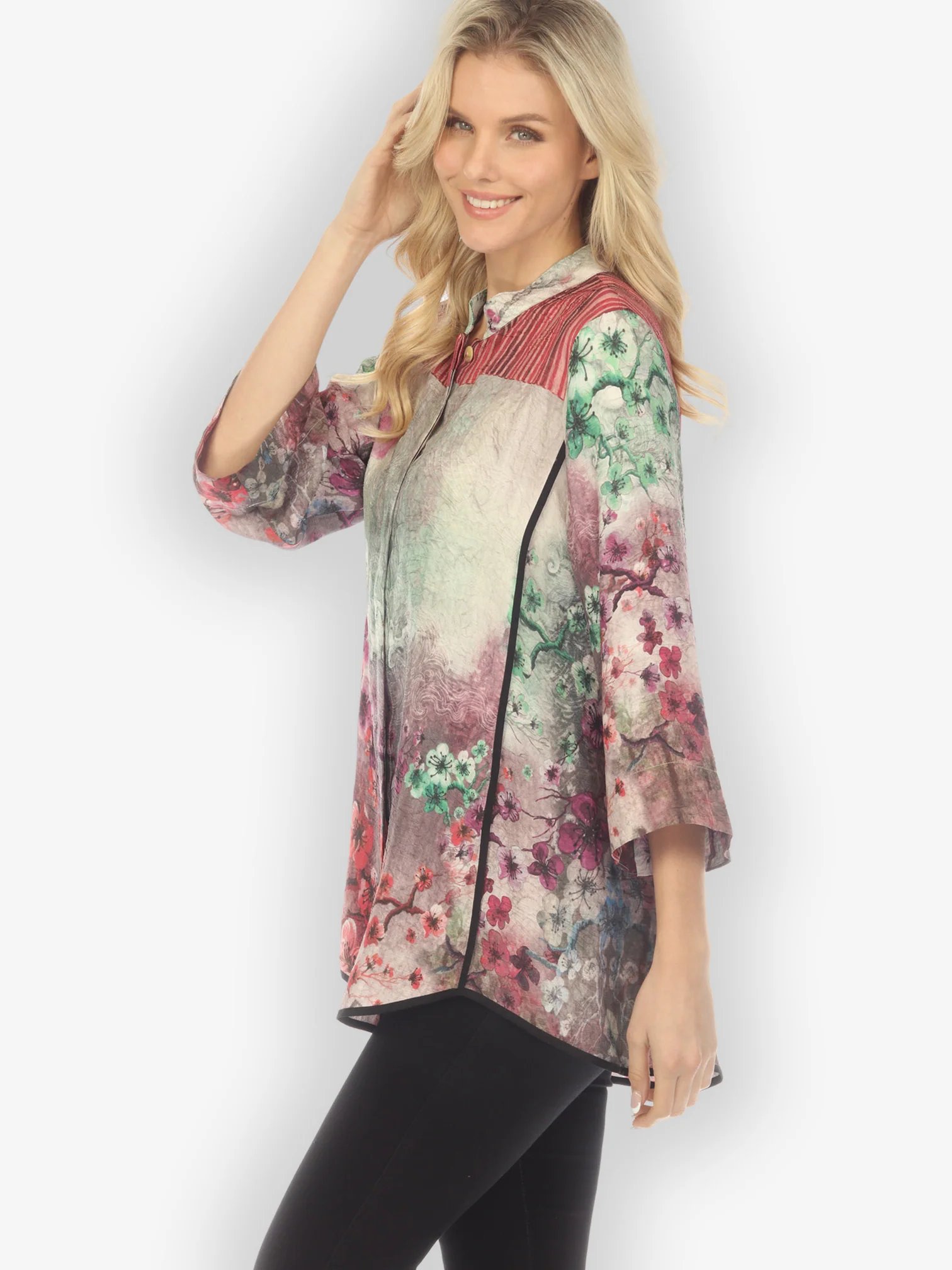 Joy Bloom Border Red Tummy Tuck Shirt