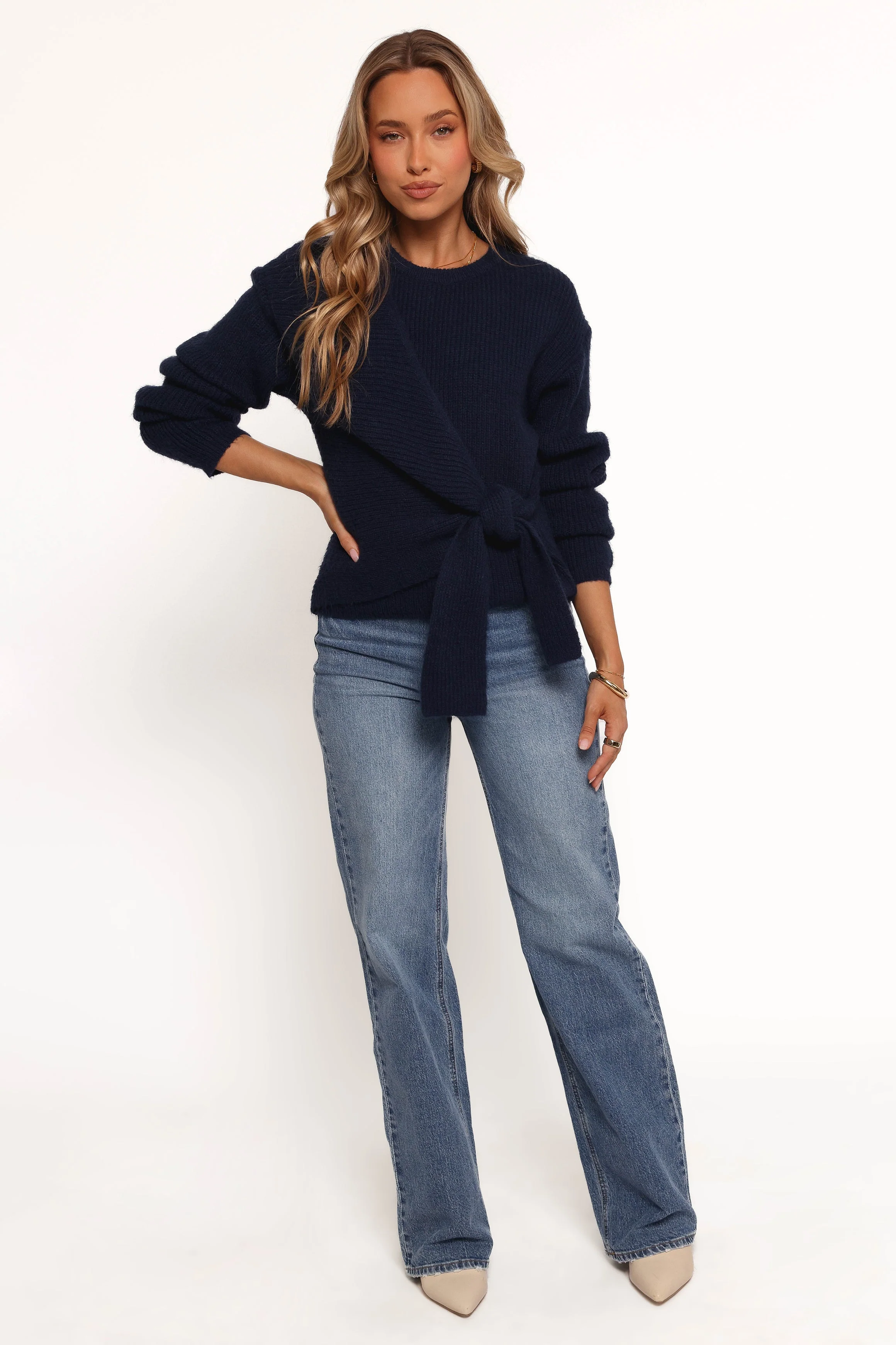 Ettie Wrap Side Tie Knit Sweater - Navy (Hold for Rack)