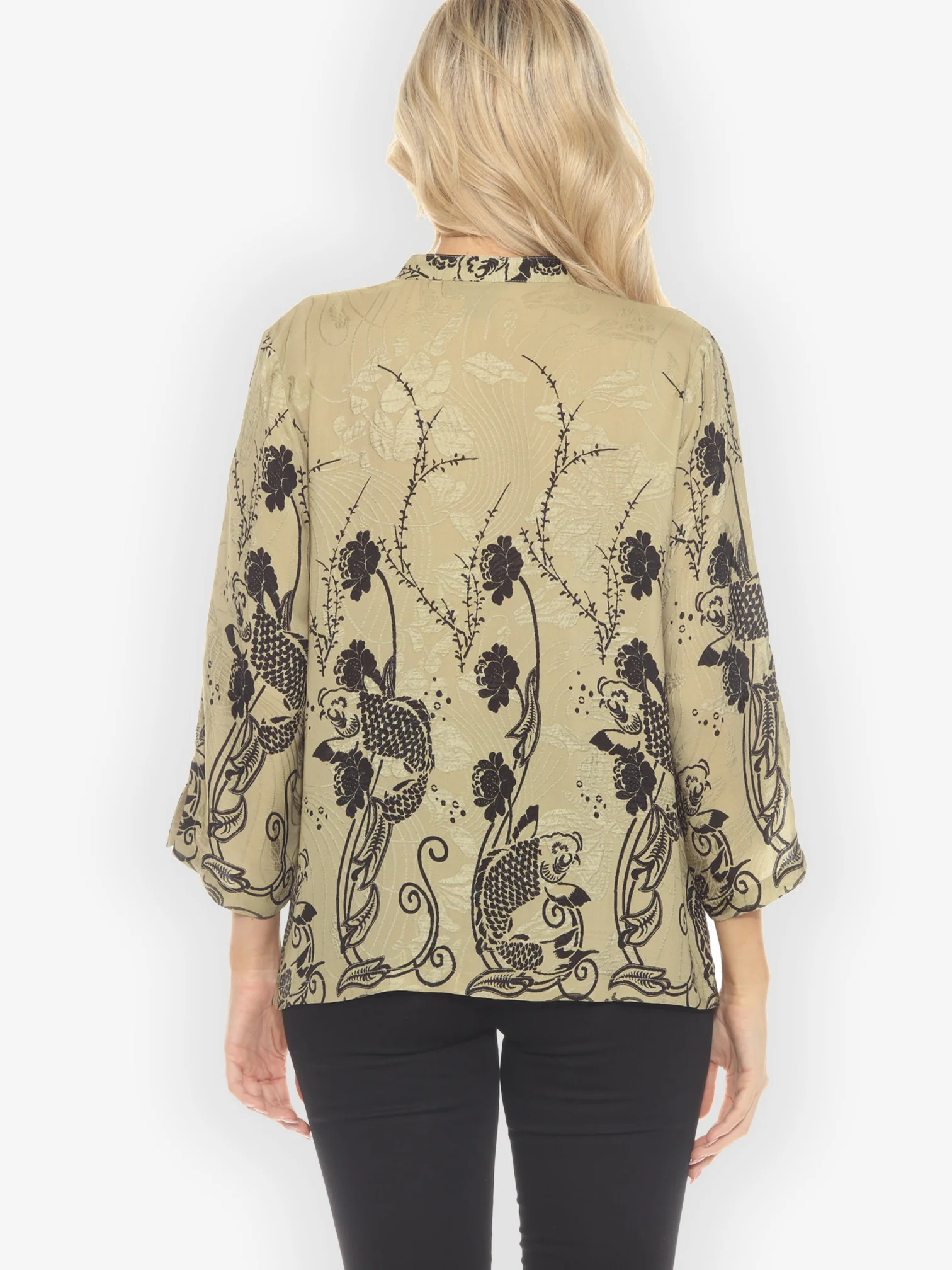 Graceful Fish Flowers in Khaki Classic Silk Blouse