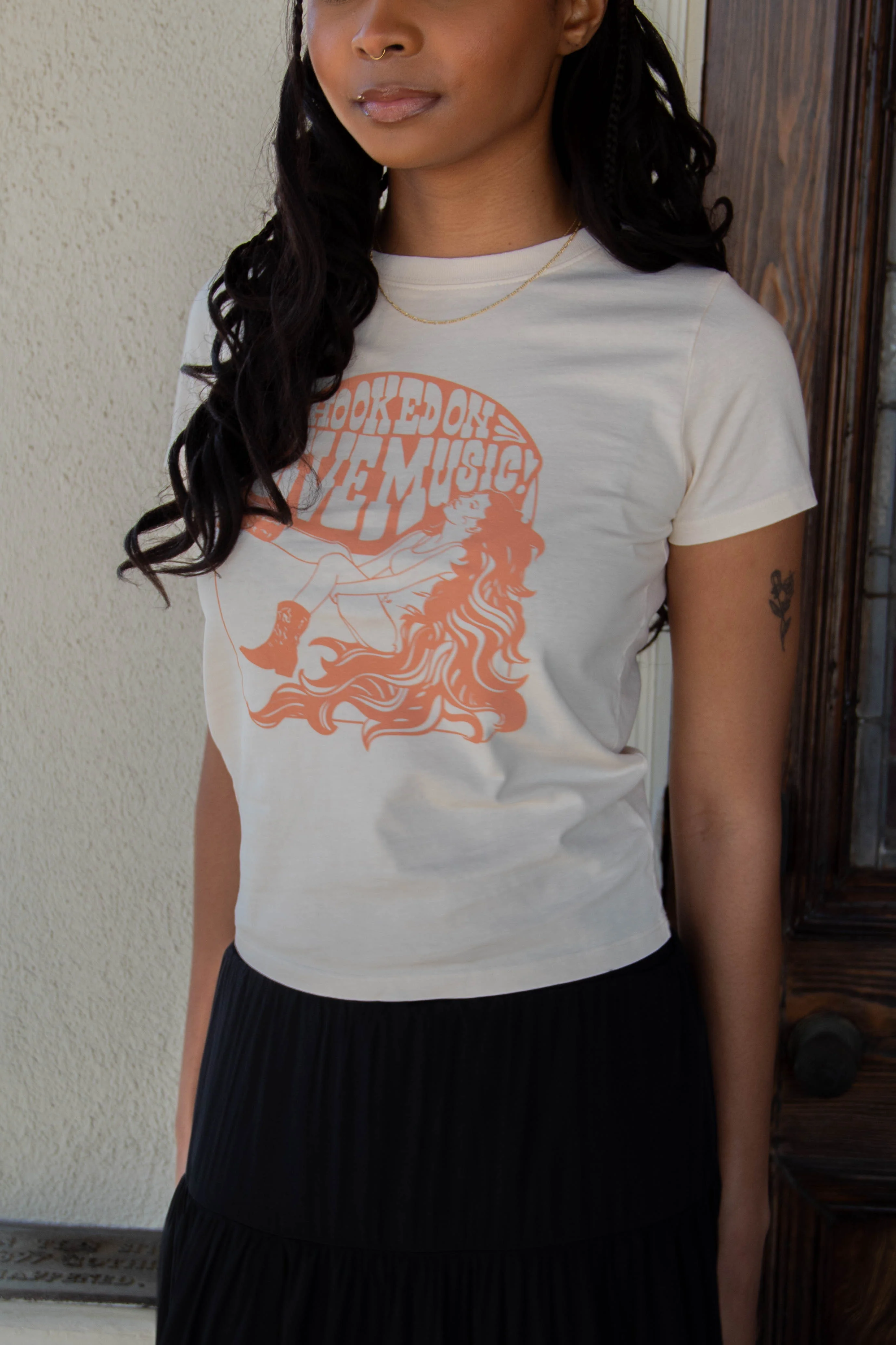 Hooked On Live Music Long Loose Graphic Baby Tee