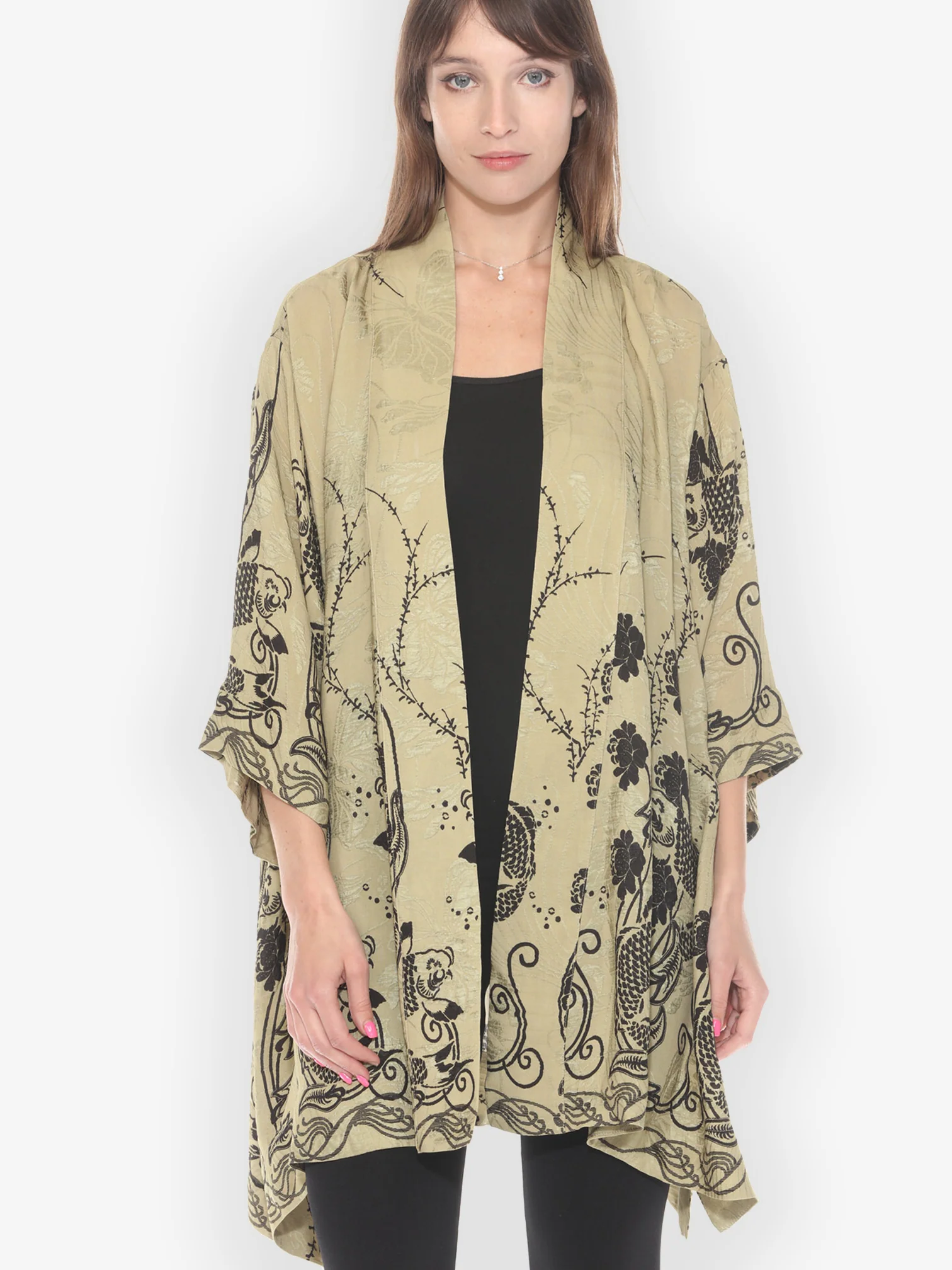 Graceful Fish Flowers in Khaki Kimono Jacket