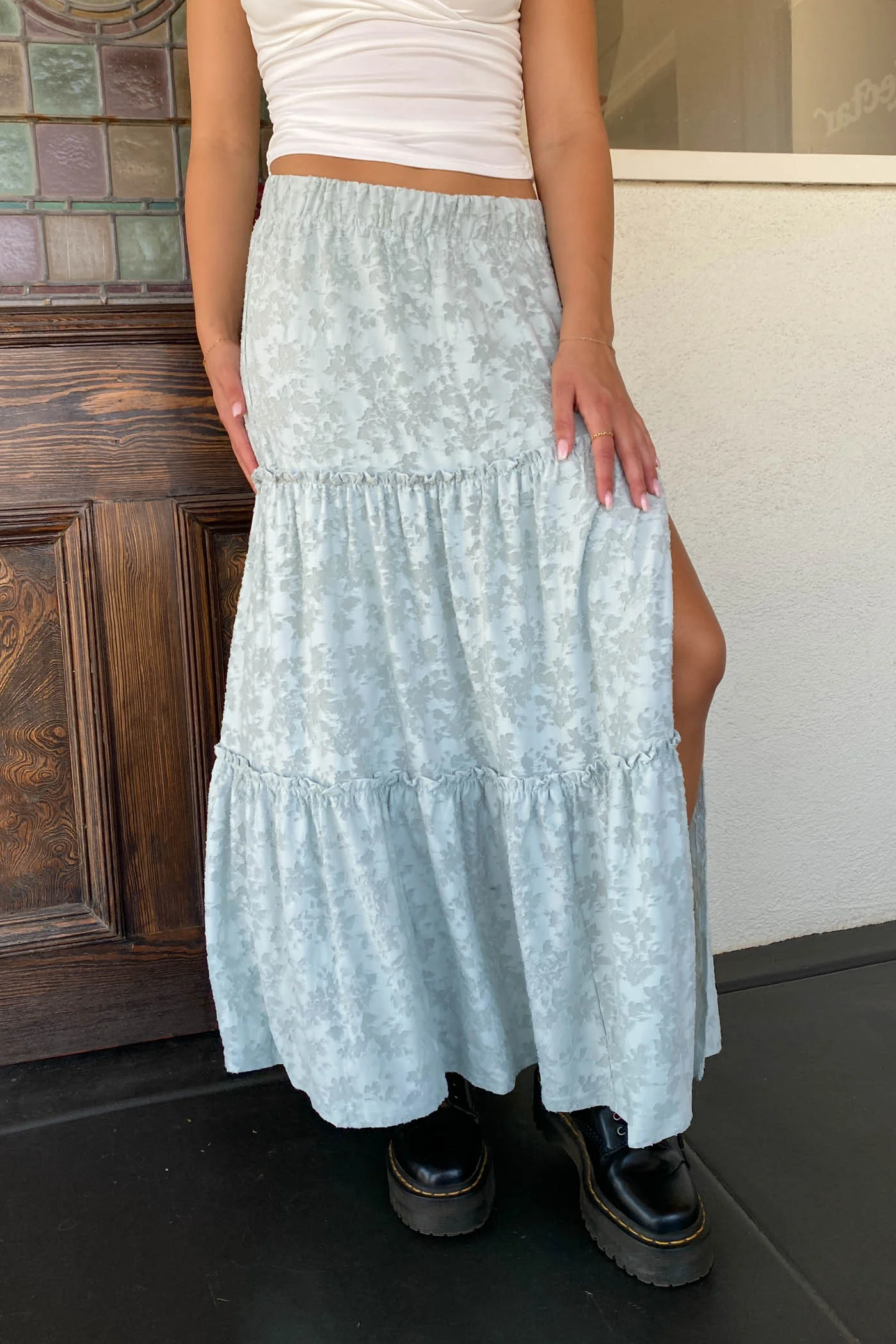 Textured Floral Tiered Maxi Skirt