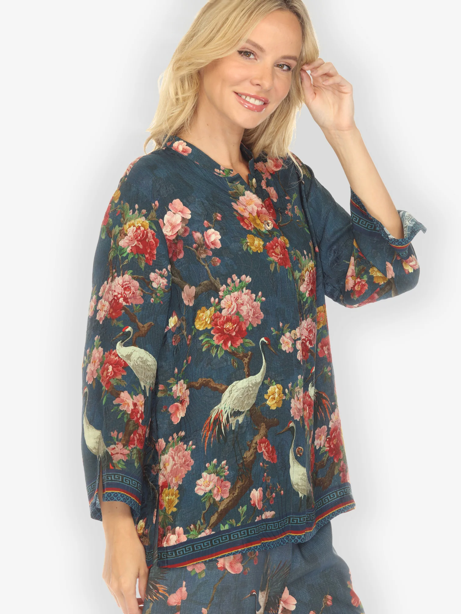 Crane and Cherry Bloom Silk Blouse