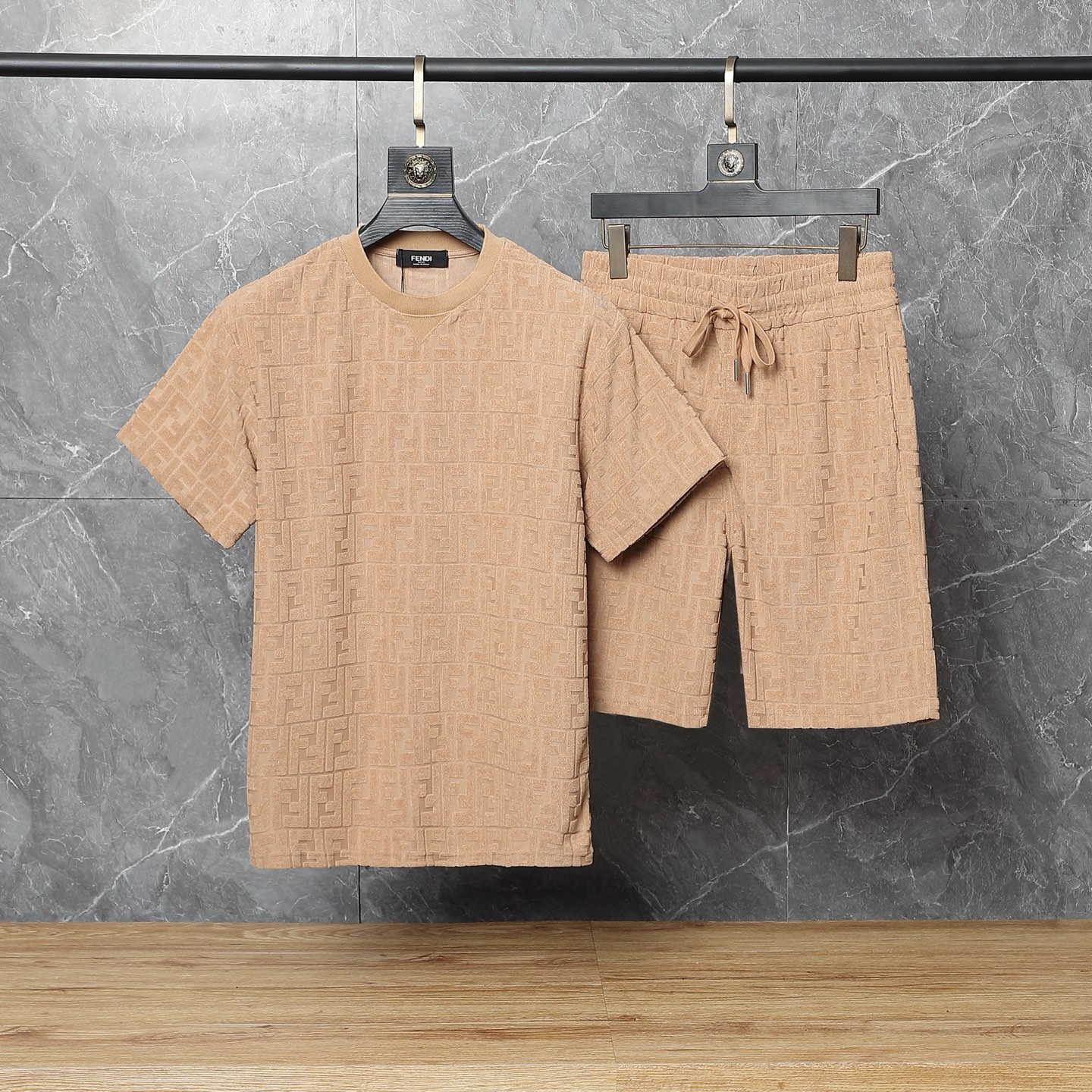 Fendi FF Logo Embossed T-Shirt & Shorts Set in Camel Beige