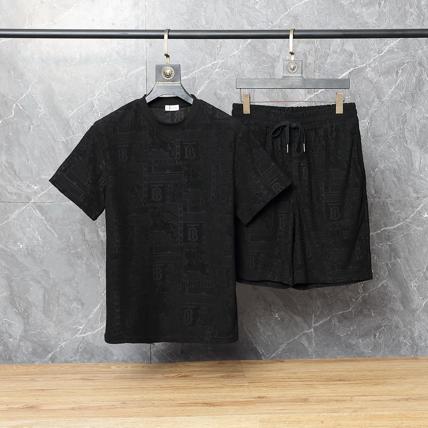 Burberry-Inspired Black Embossed Logo Set – T-Shirt & Shorts