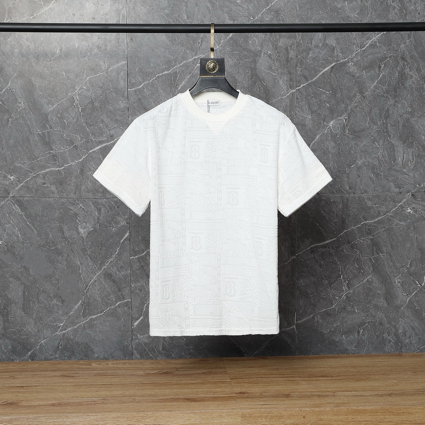 Burberry-Inspired White Embossed Logo Set – T-Shirt & Shorts