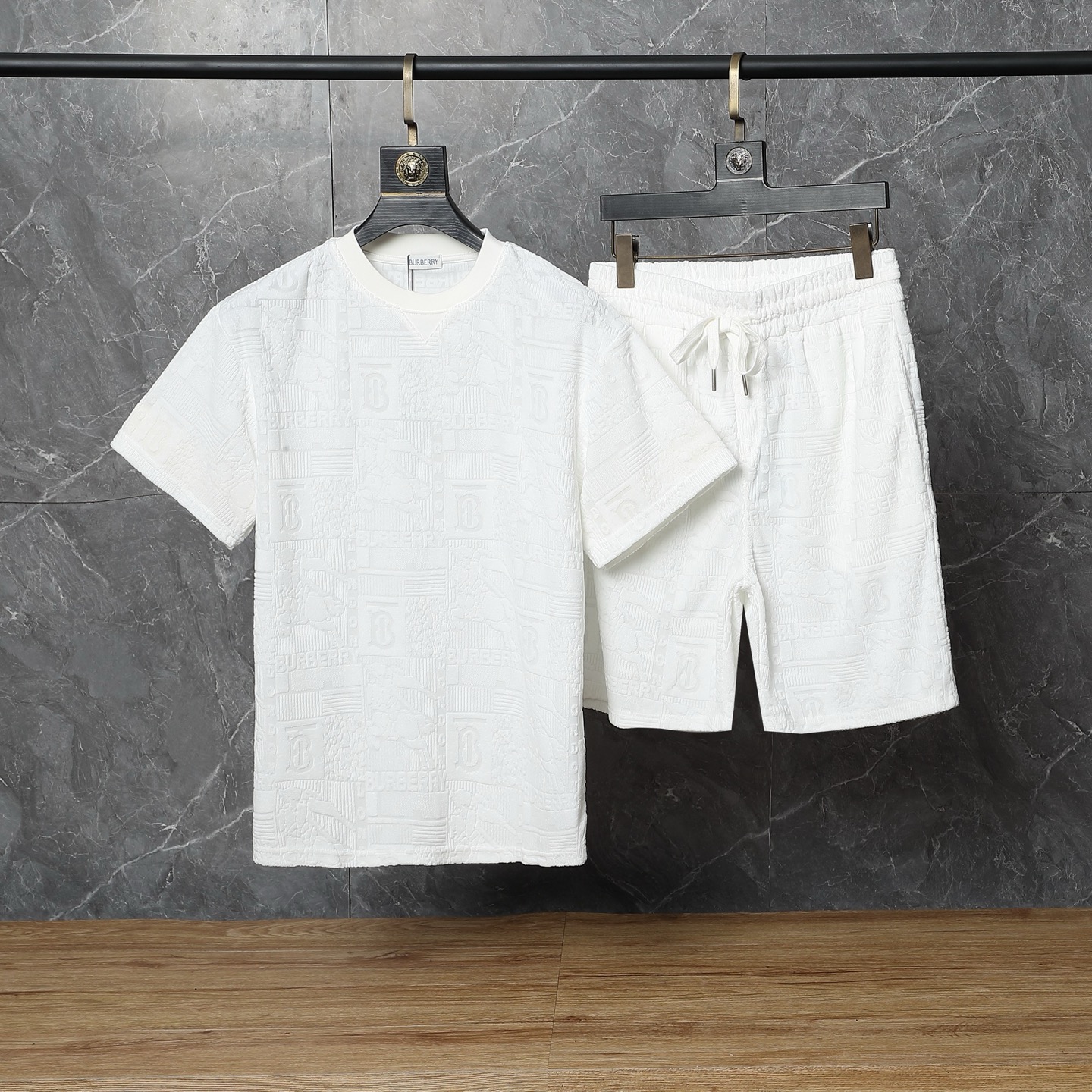 Burberry-Inspired White Embossed Logo Set – T-Shirt & Shorts