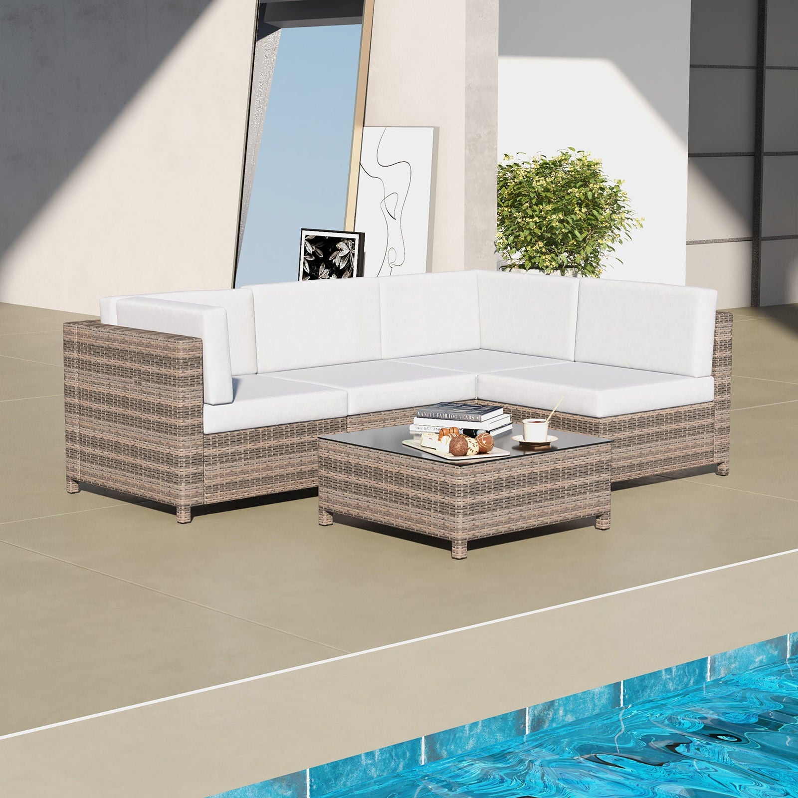 Thrapston 4-Seater Rattan Set 5-Piece Outdoor Sofa - Oatmeal