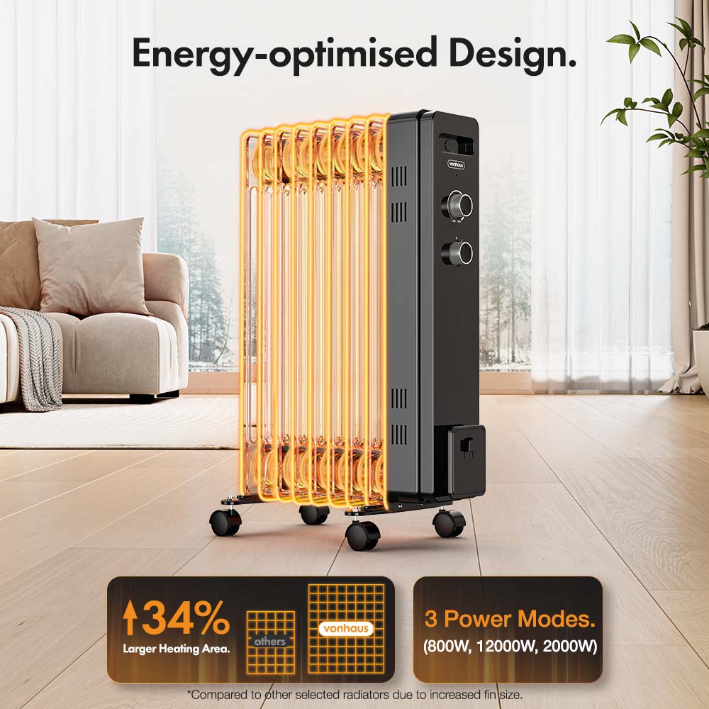 9 Fin Oil Filled Radiator 2kW (Black)