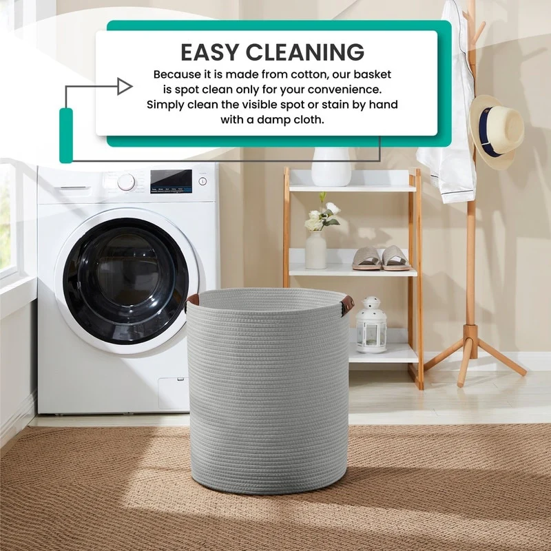 Large Cotton Rope Storage Basket Laundry Hamper Woven Basket with Leather Handles -16 x 18 - 16