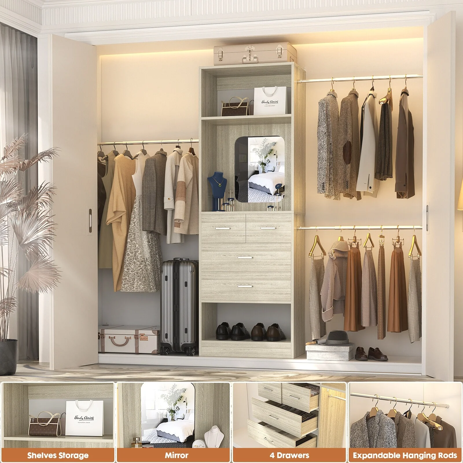 96'' W Closet System with Mirror, 8FT Walk-in Closet Organizer Kits with 4 Wooden Drawers ＆ 3 Extendable Hanging Rods
