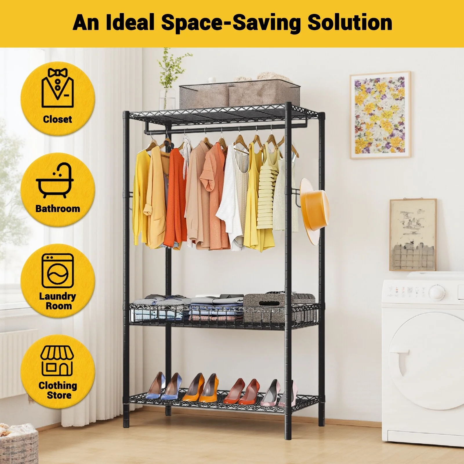 Heavy Duty Clothes Rack, 3 Tiers Wire Garment Rack for Hanging Clothes, Clothing Racks With 2 Shelves And 1 Hang Rod