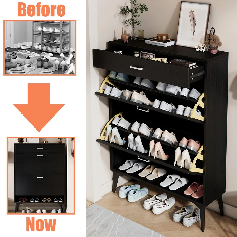 3-Drawer Wood Shoe Storage Cabinet with Removable Panels & 1 Open Shelf