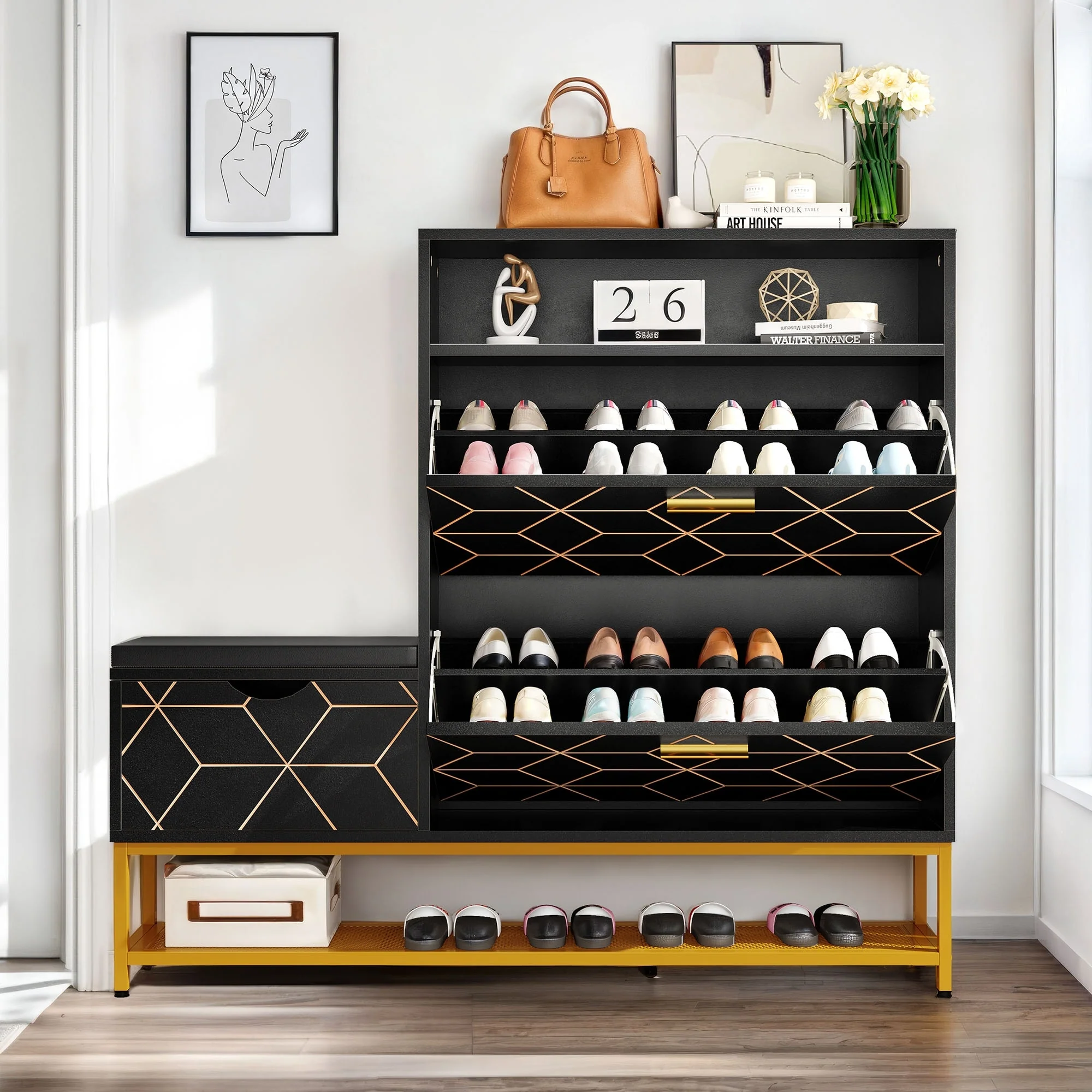 Moasis 22 Pairs Shoe Cabinet with 2 Flip Drawers, Narrow Shoes Rack with Storage Bench